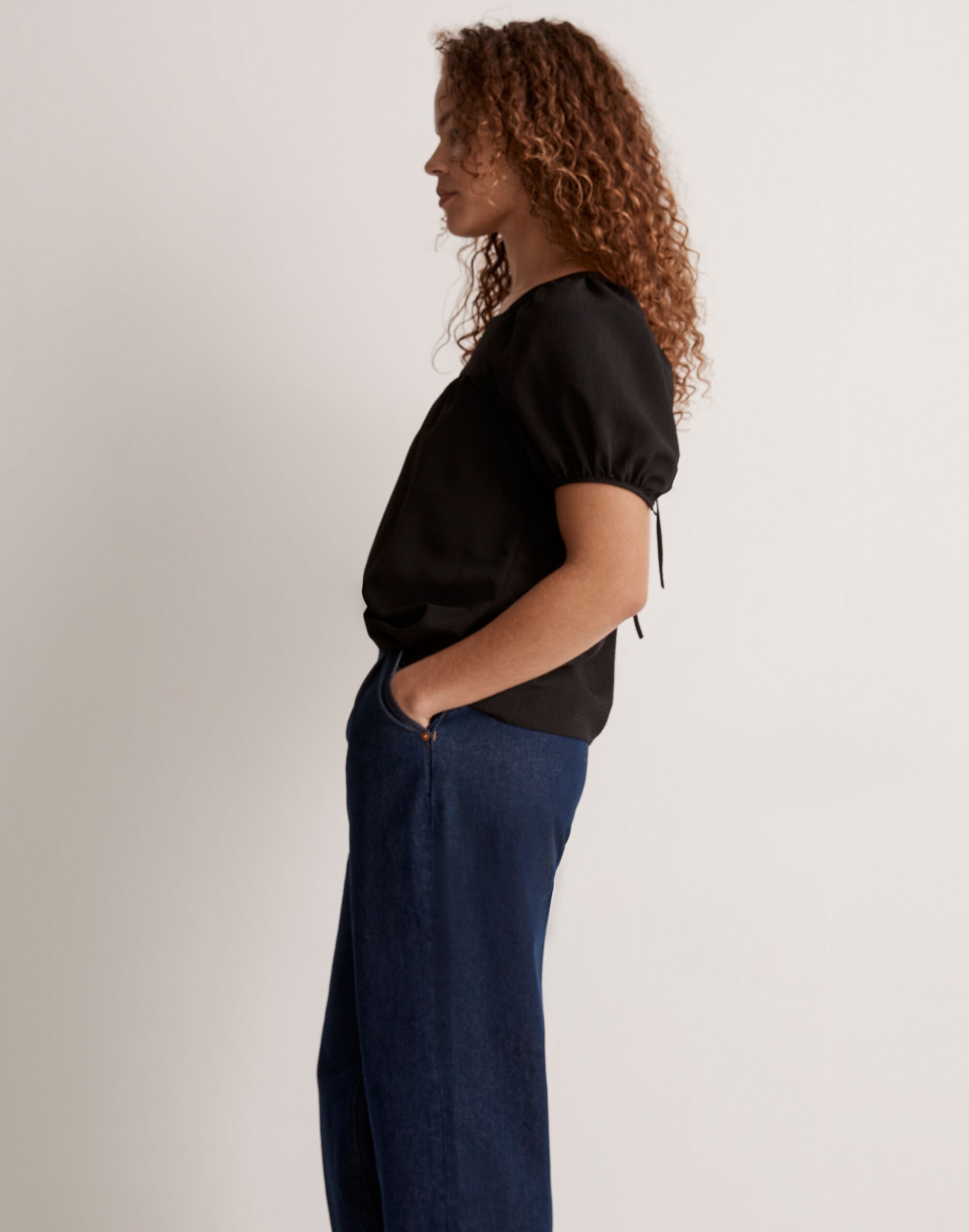 Seersucker Bubble-Sleeve Top