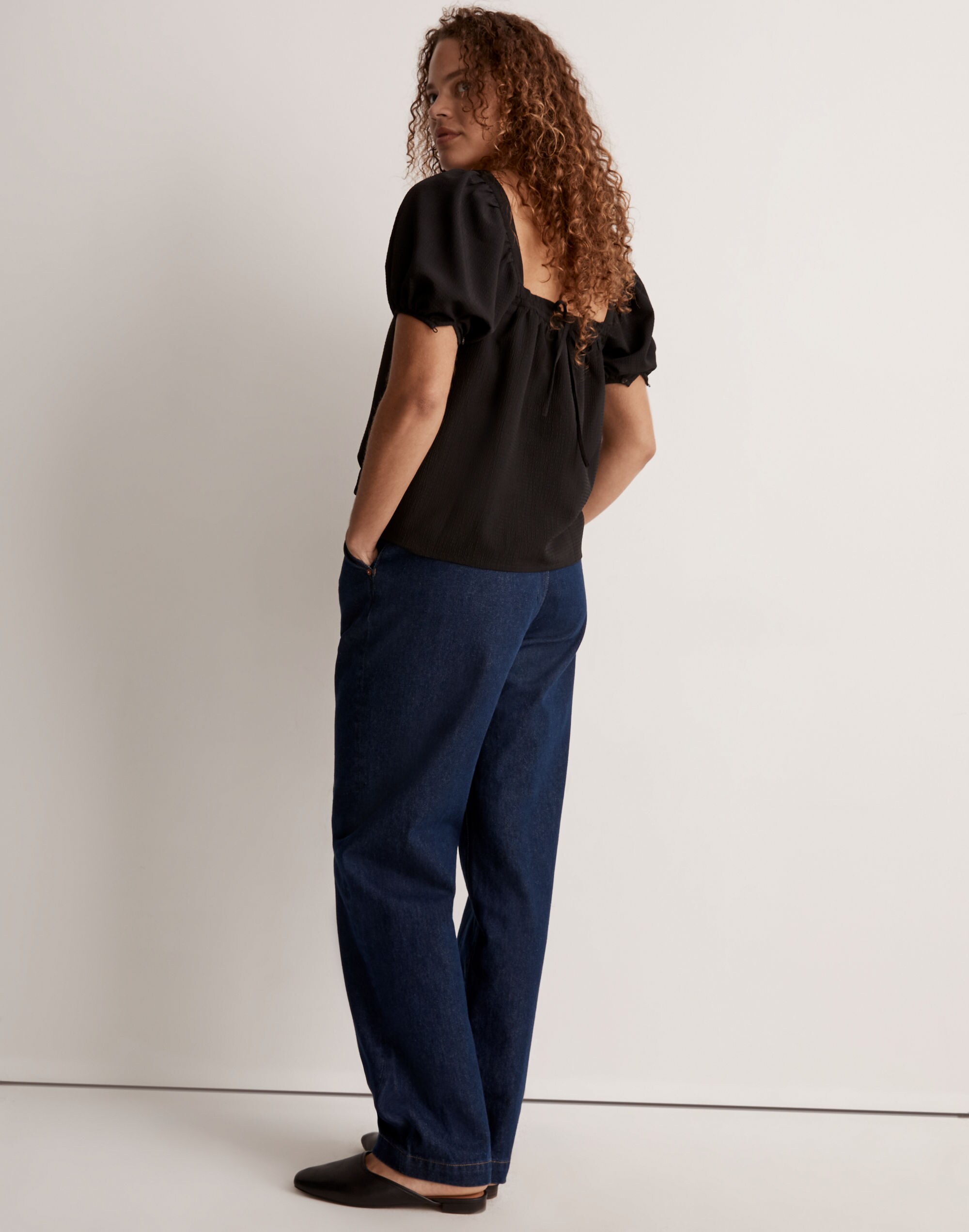 Seersucker Bubble-Sleeve Top