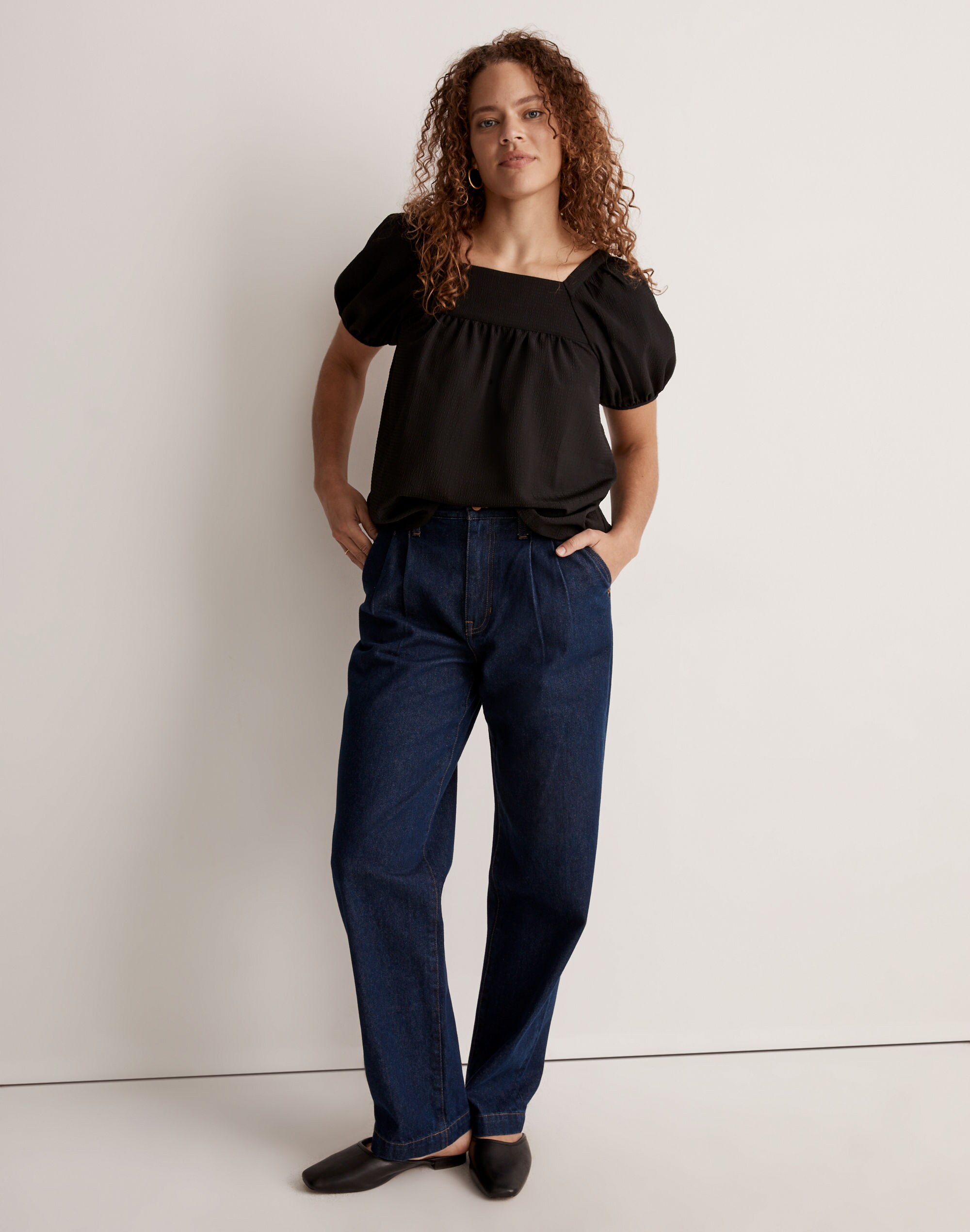 Seersucker Bubble-Sleeve Top