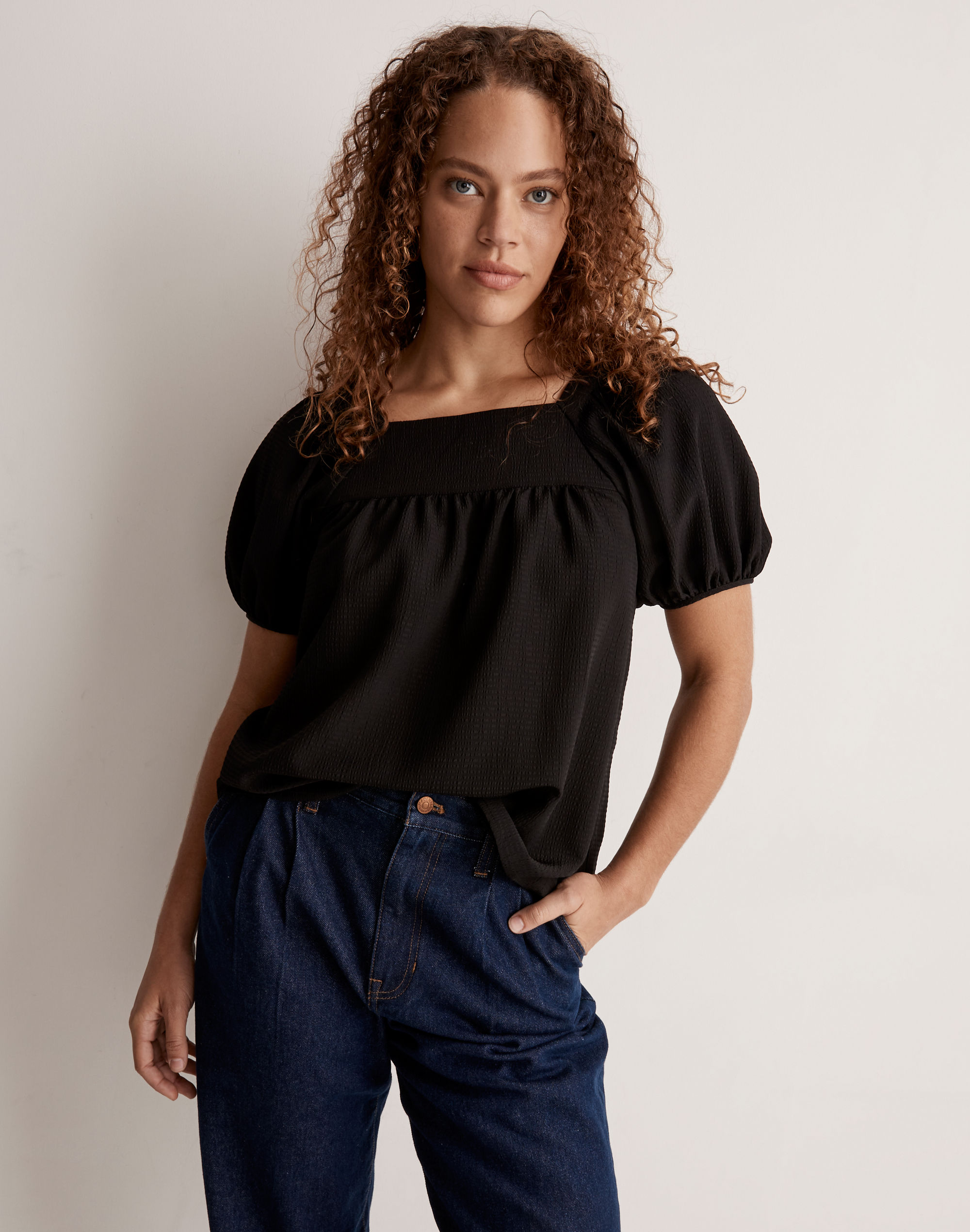 Seersucker Bubble-Sleeve Top