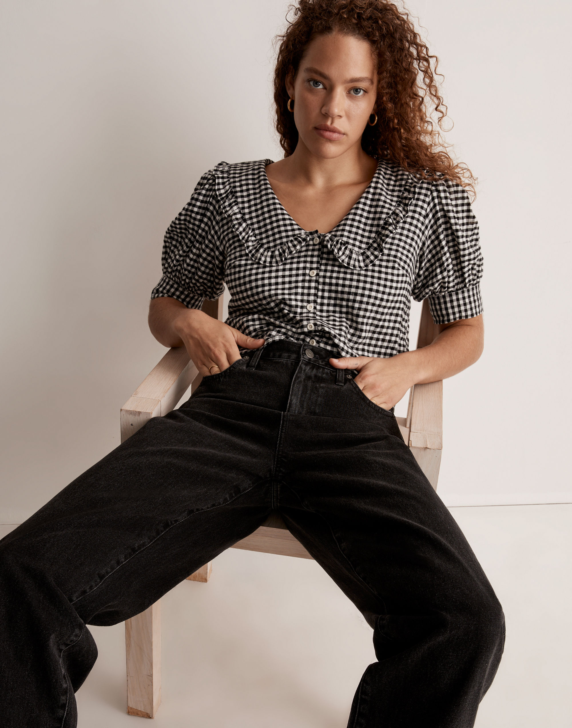 Flannel Puff-Sleeve Top in Check