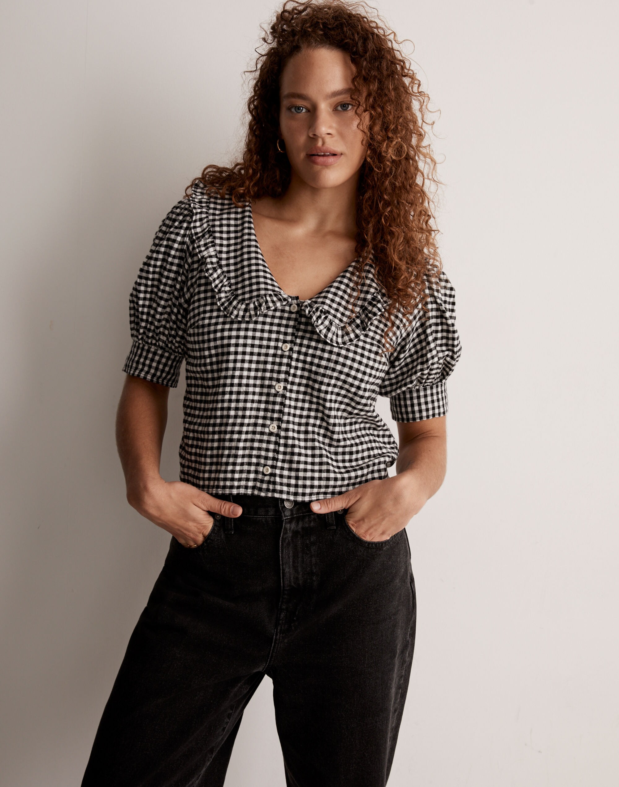 Flannel Puff-Sleeve Top in Check