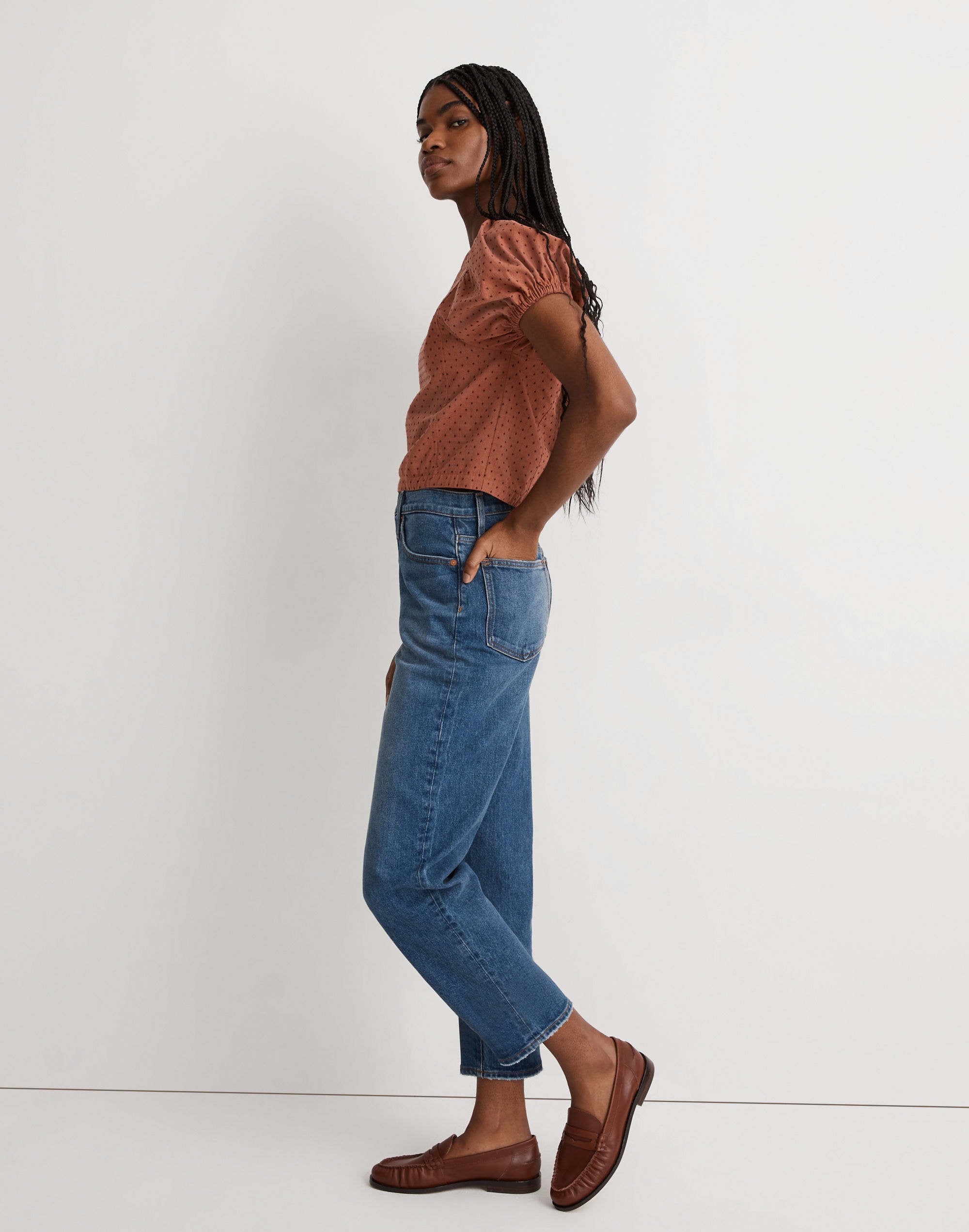 Jacquard Puff-Sleeve Top in Micro Cross