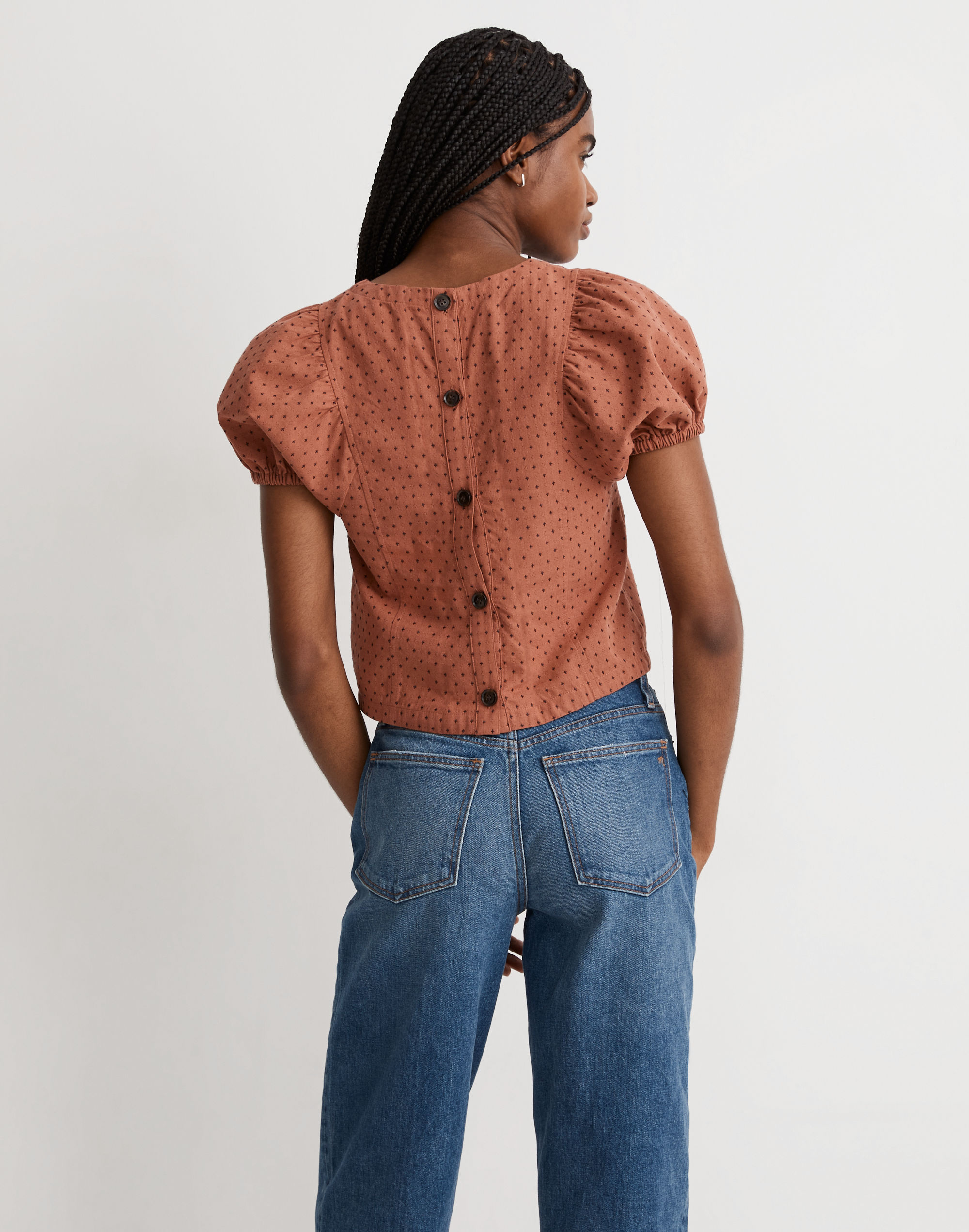 Jacquard Puff-Sleeve Top in Micro Cross
