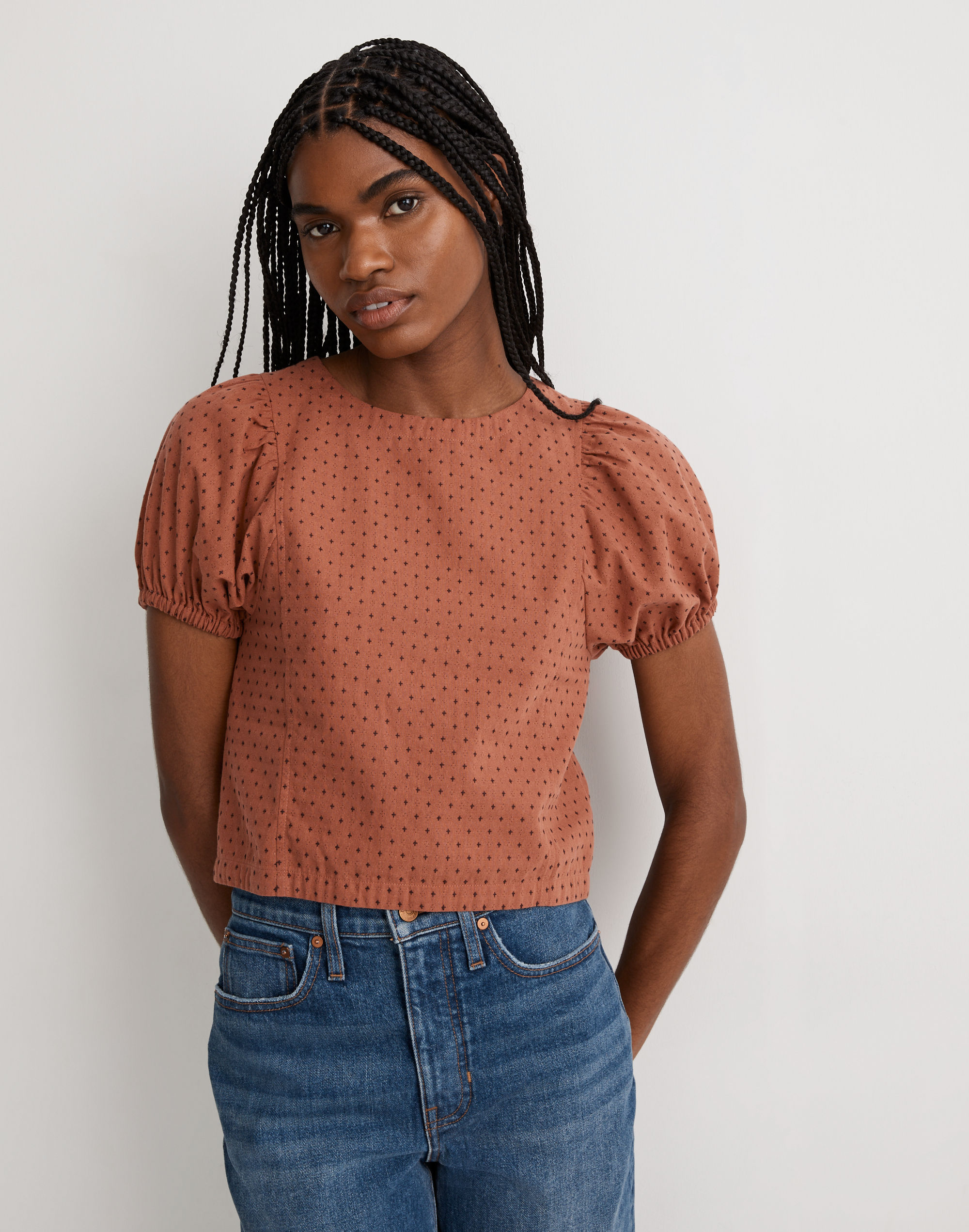 Jacquard Puff-Sleeve Top in Micro Cross