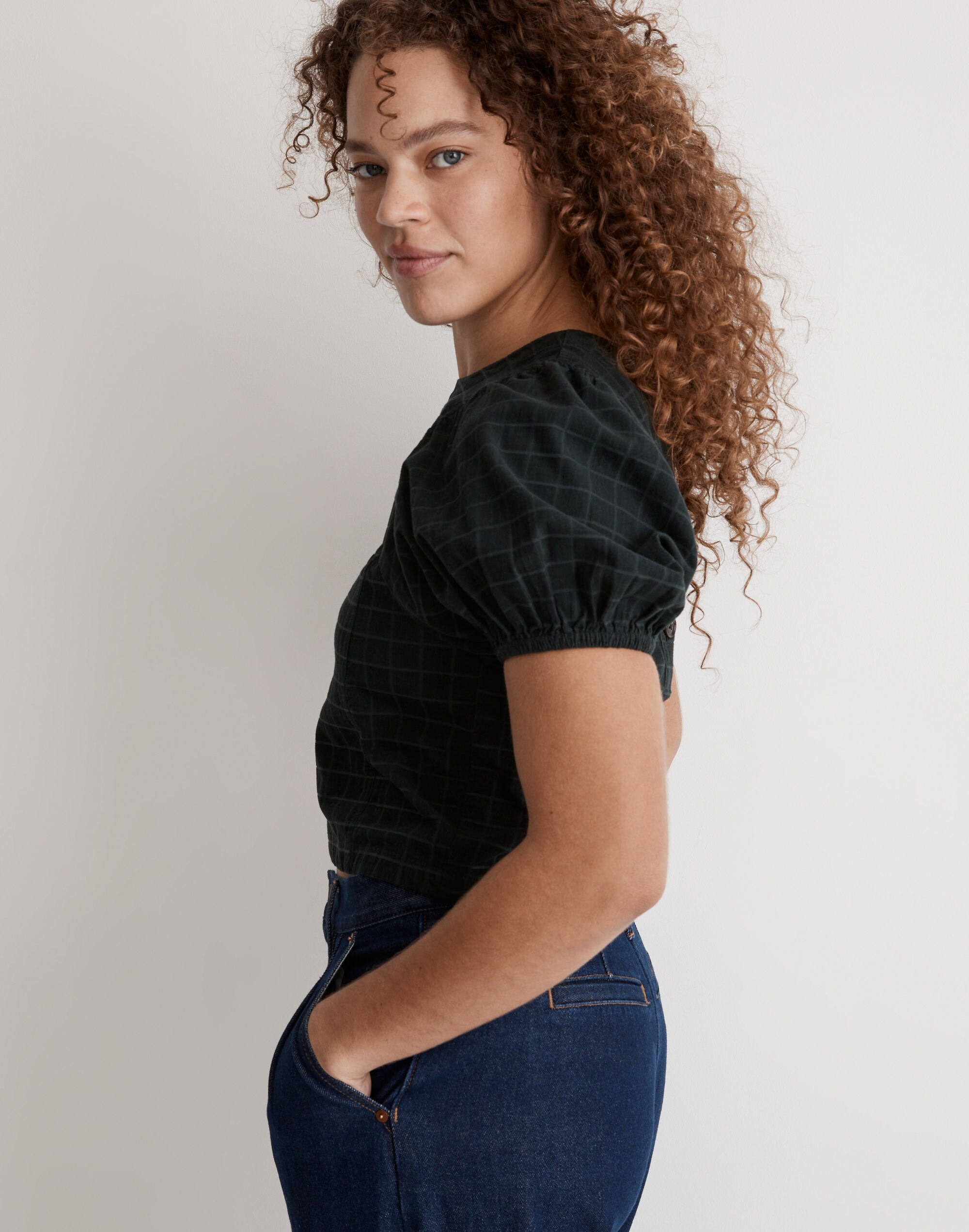 Corduroy Puff-Sleeve Top in Windowpane