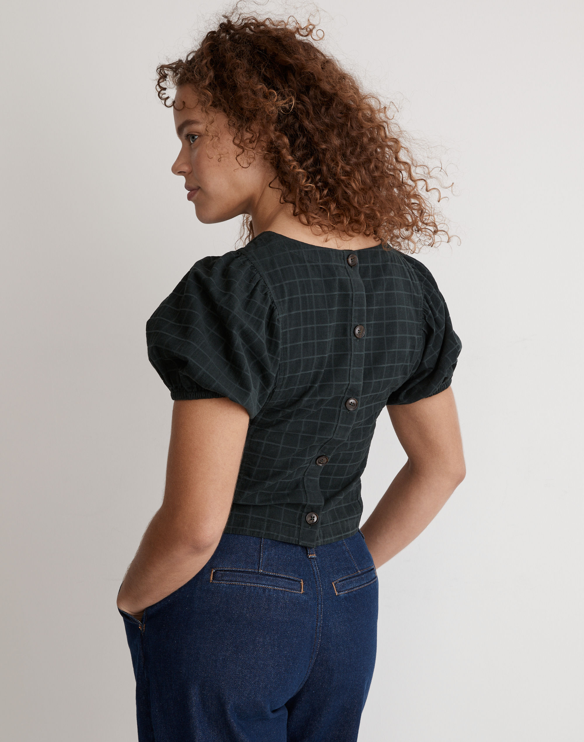 Corduroy Puff-Sleeve Top in Windowpane