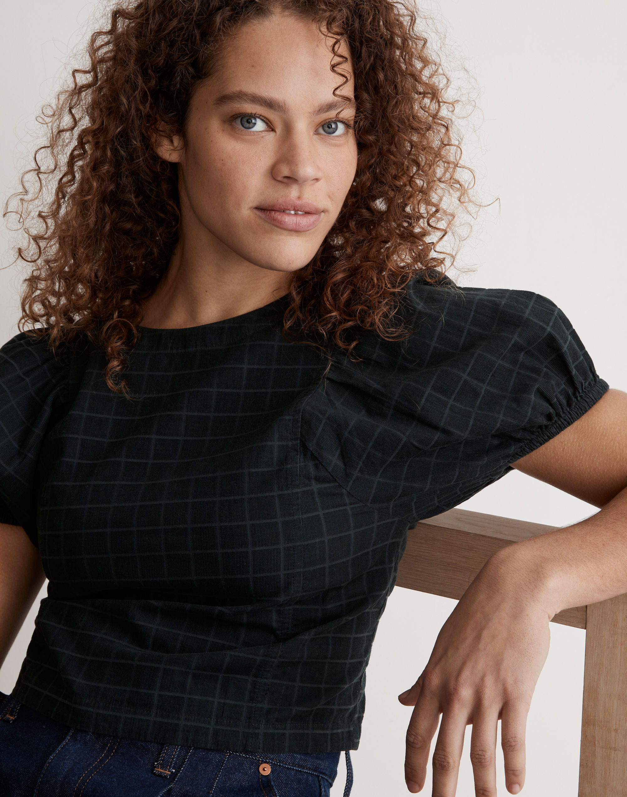 Corduroy Puff-Sleeve Top in Windowpane