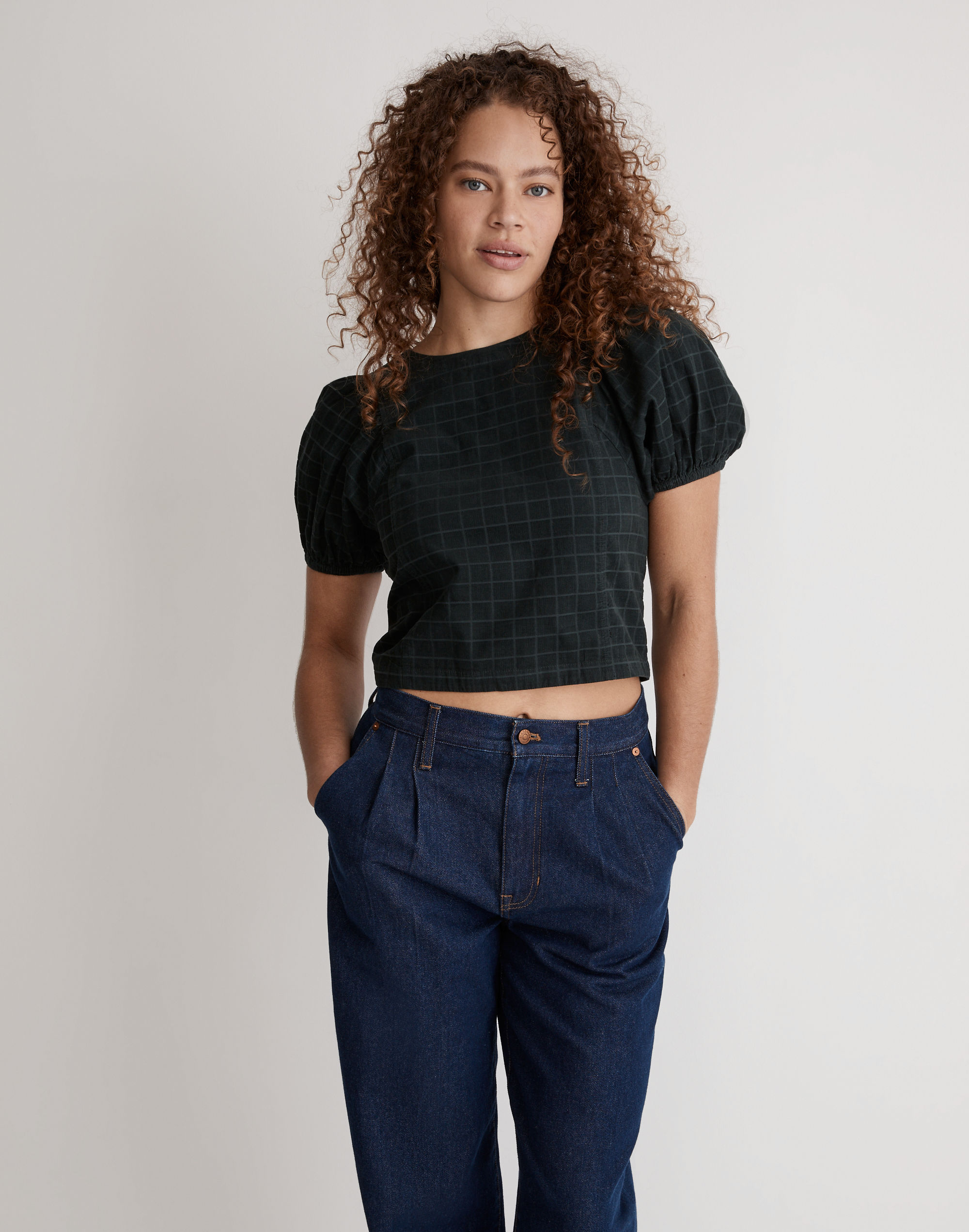 corduroy puff-sleeve top in windowpane