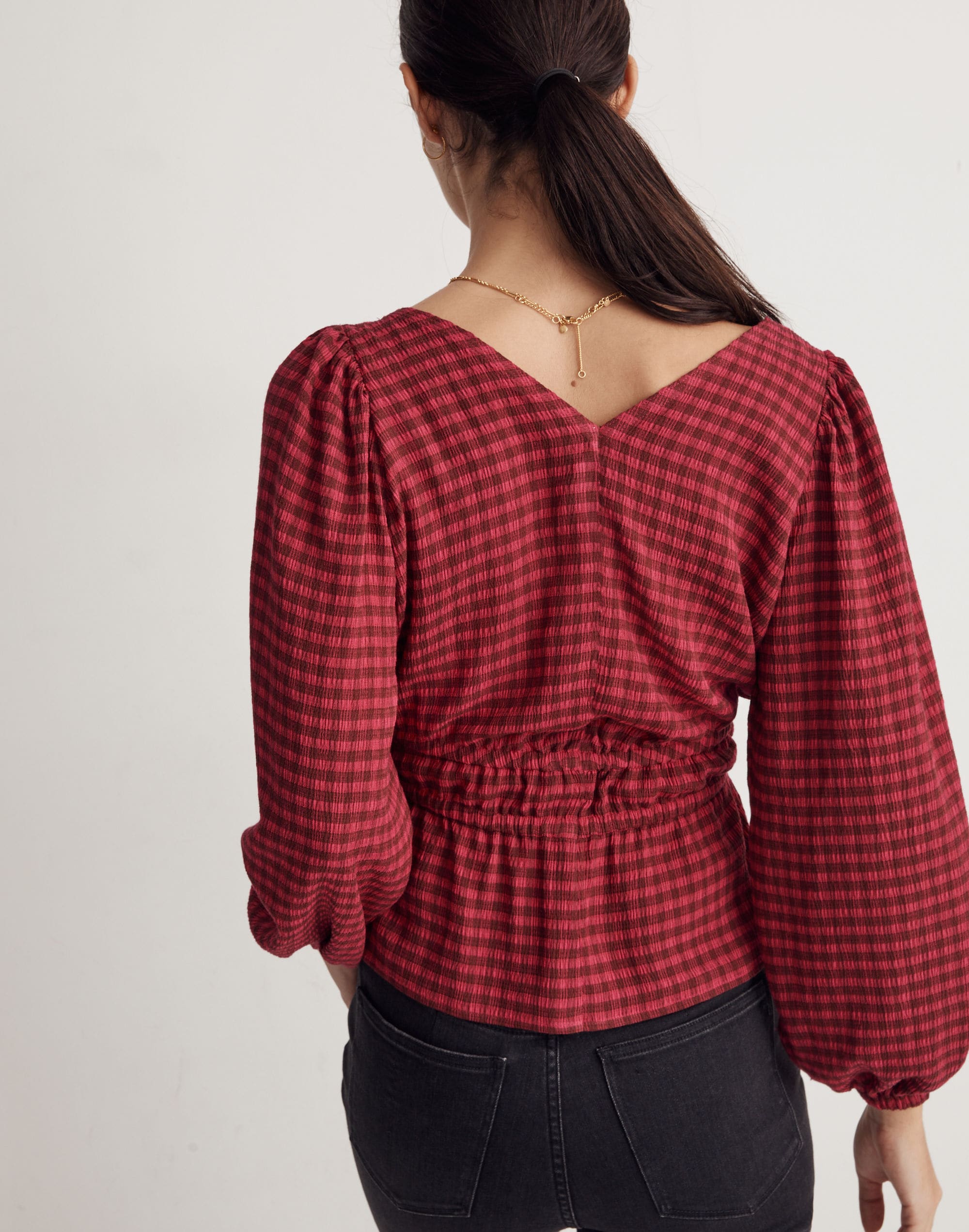 Crinkled V-Neck Peplum Top in Plaid