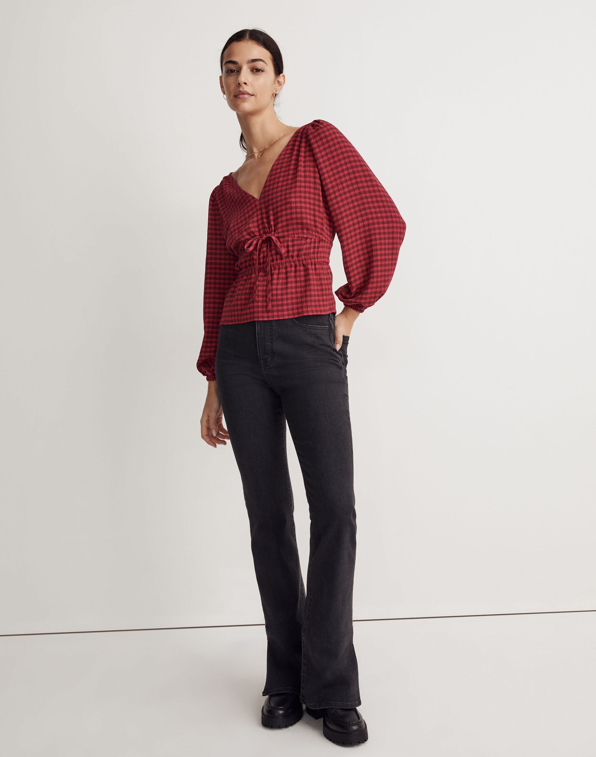 Crinkled V-Neck Peplum Top in Plaid