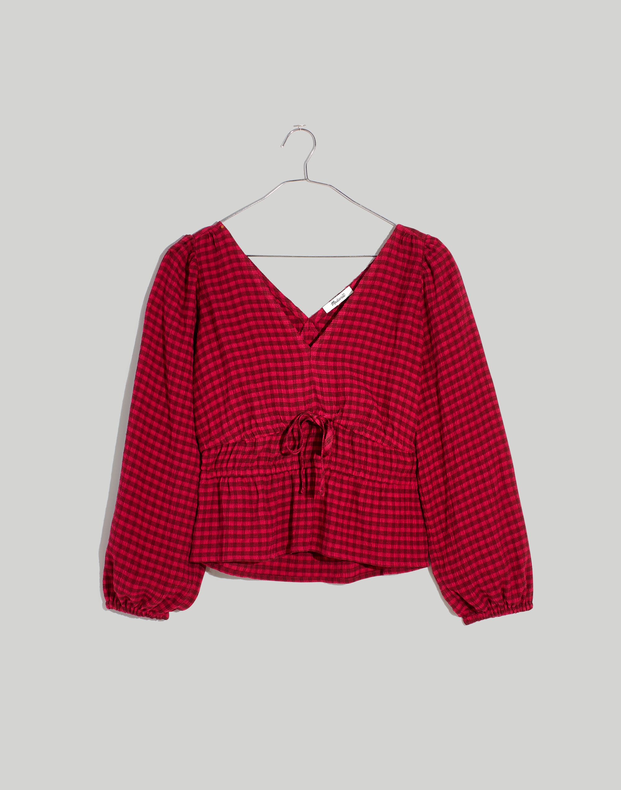 Crinkled V-Neck Peplum Top in Plaid