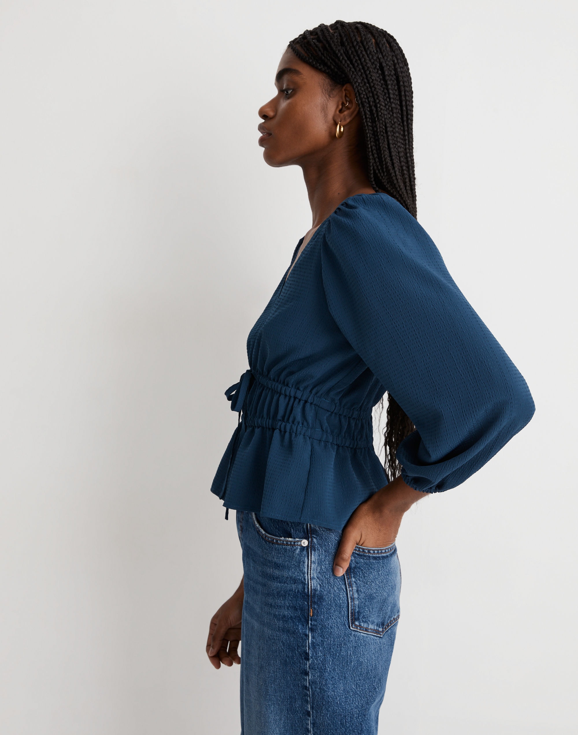 Seersucker V-Neck Peplum Top