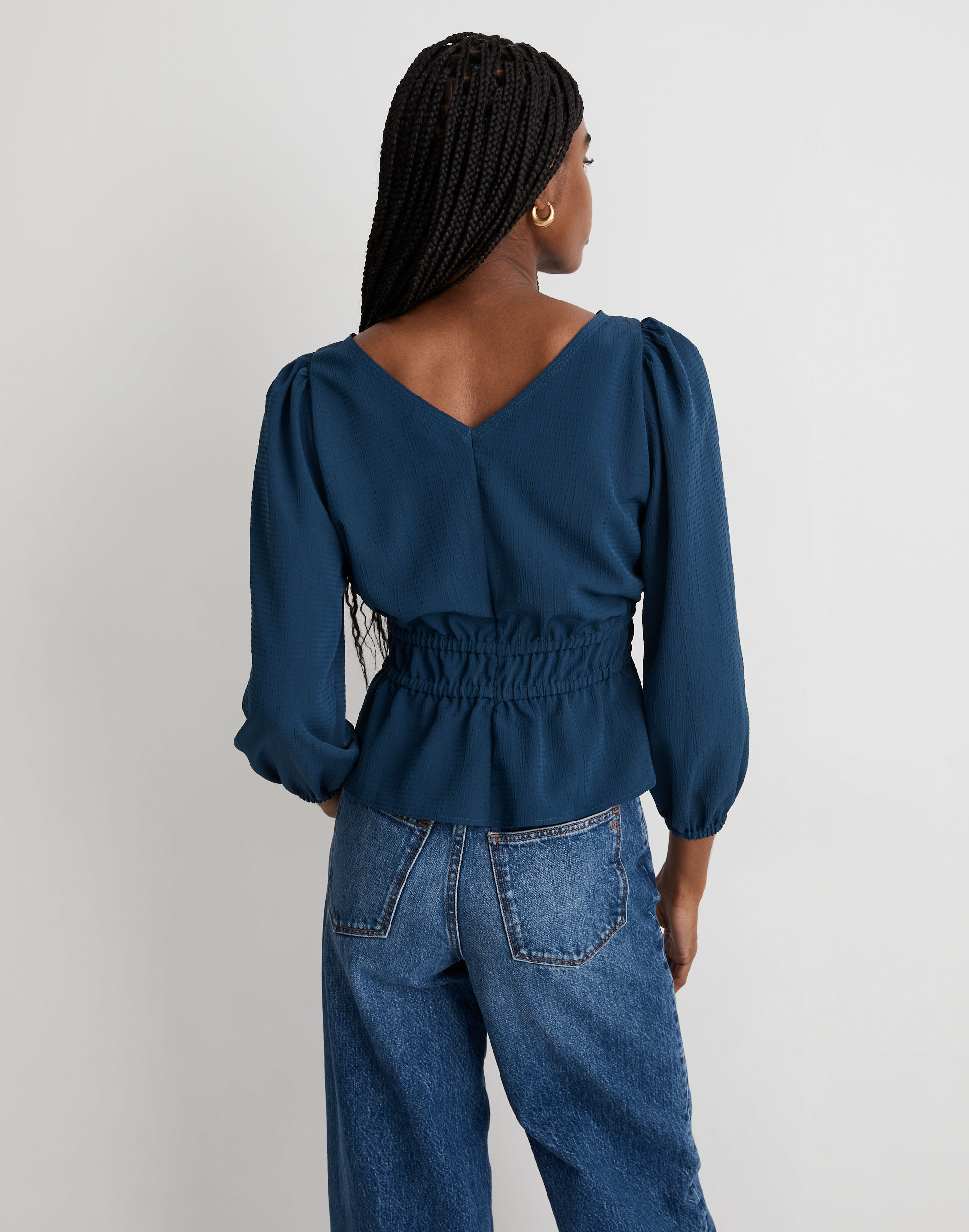 Seersucker V-Neck Peplum Top