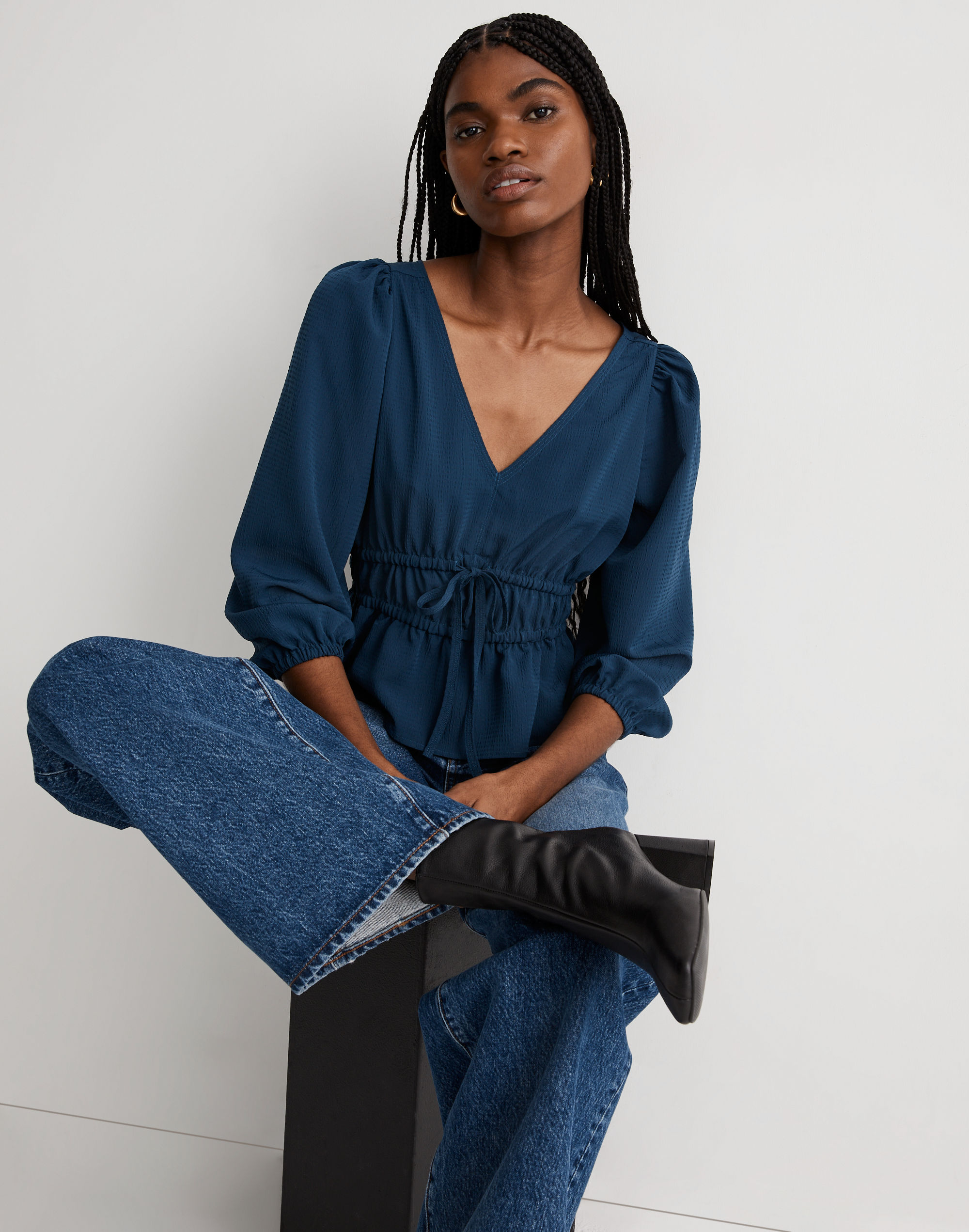 Seersucker V-Neck Peplum Top