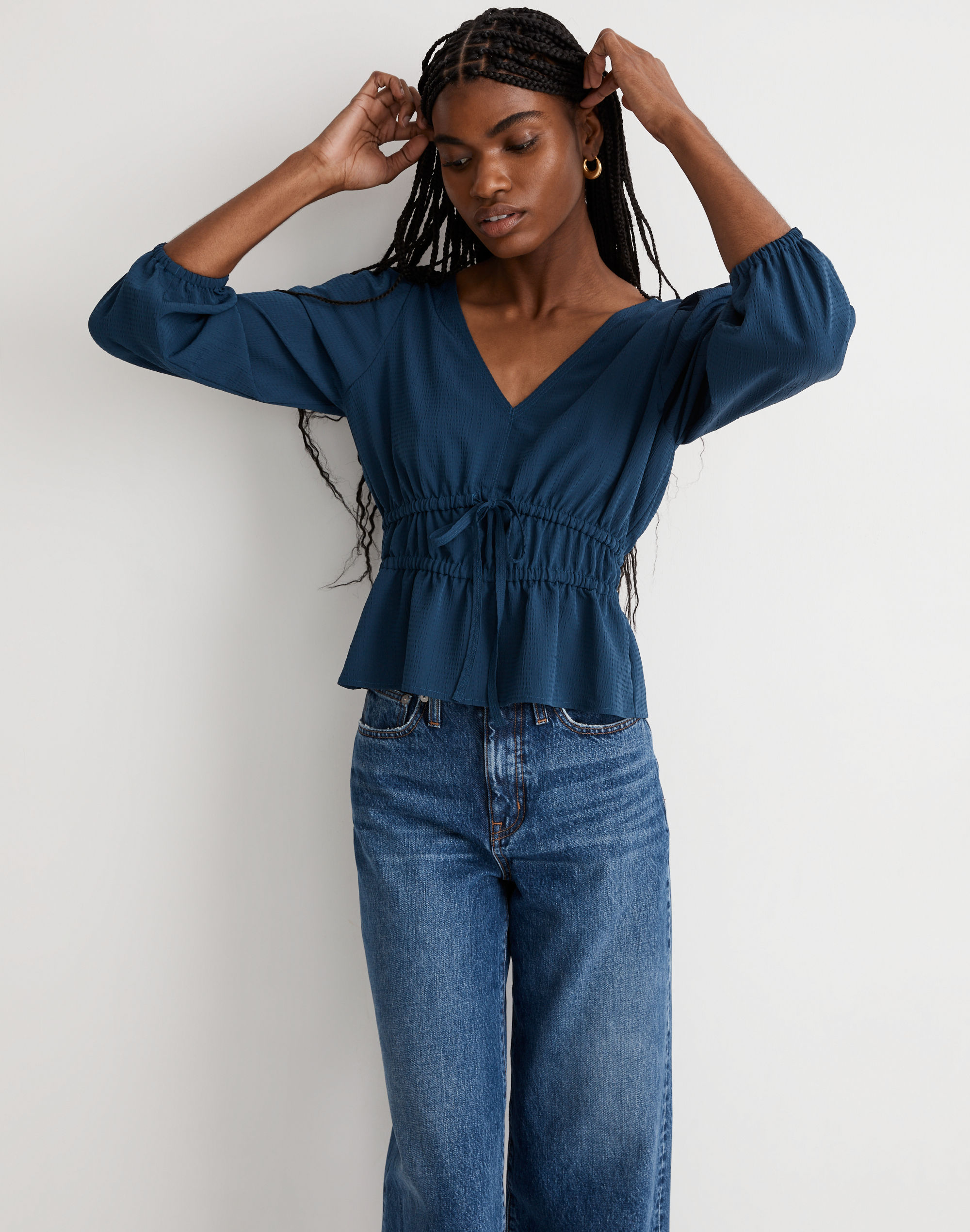 Seersucker V-Neck Peplum Top