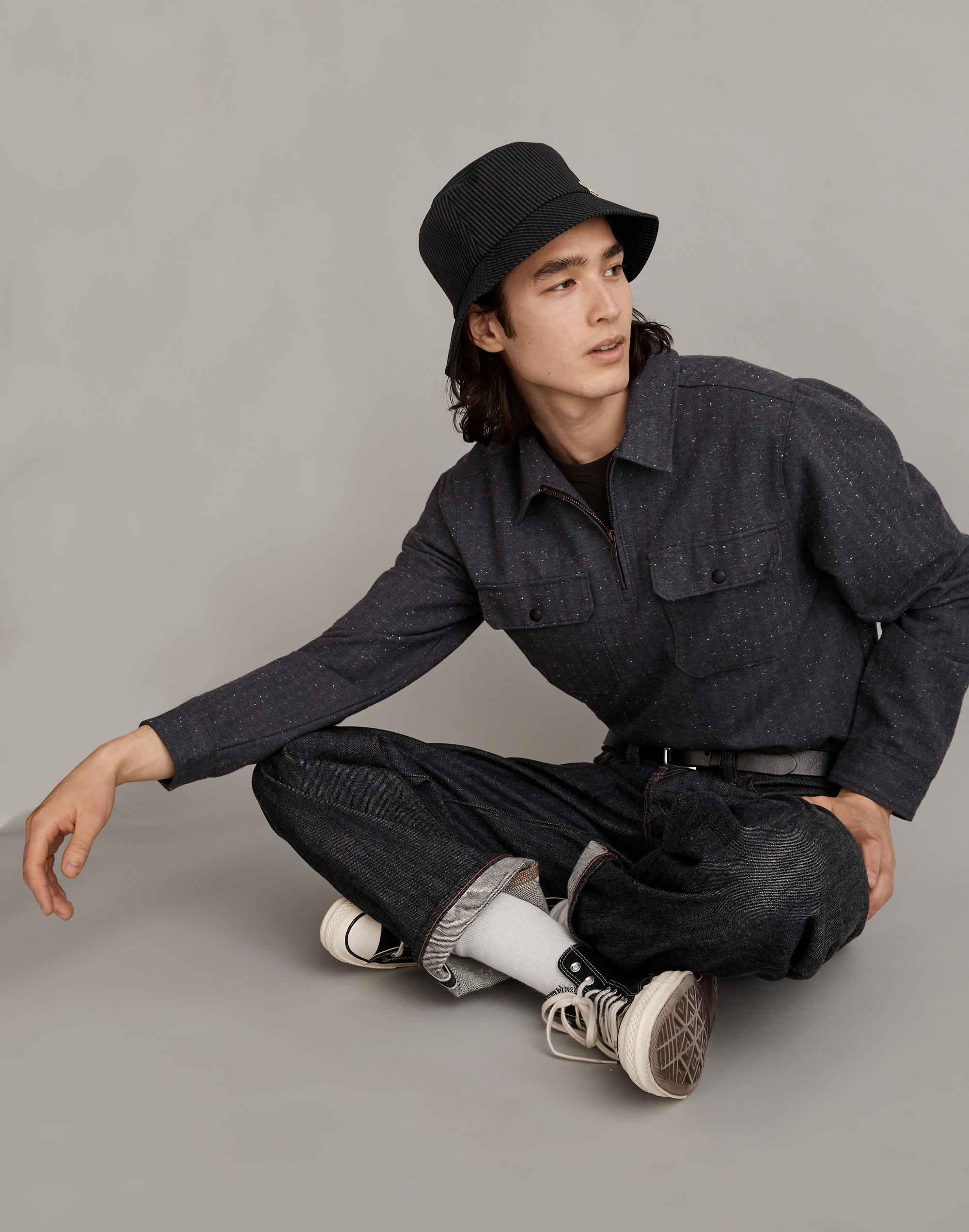 Quarter-Zip Popover Shirt in Herringbone Stripe