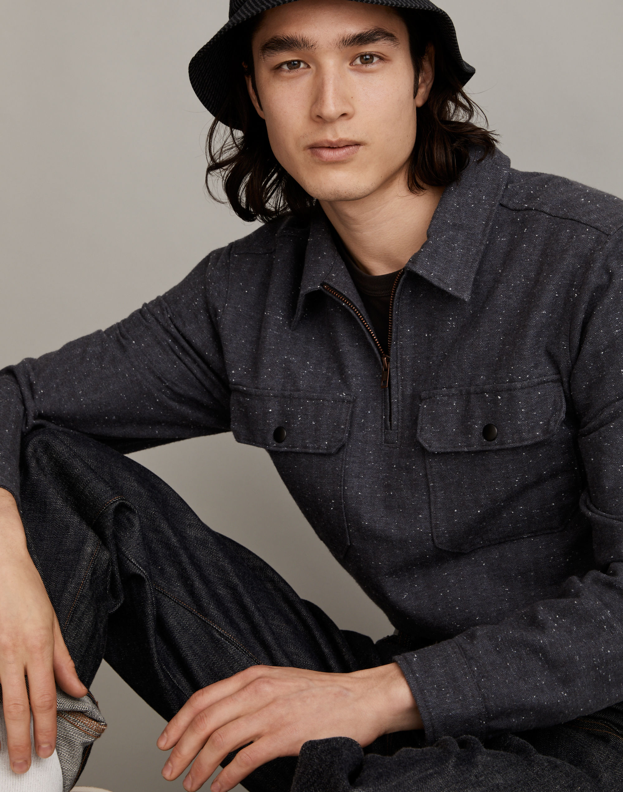 Quarter-Zip Popover Shirt in Herringbone Stripe