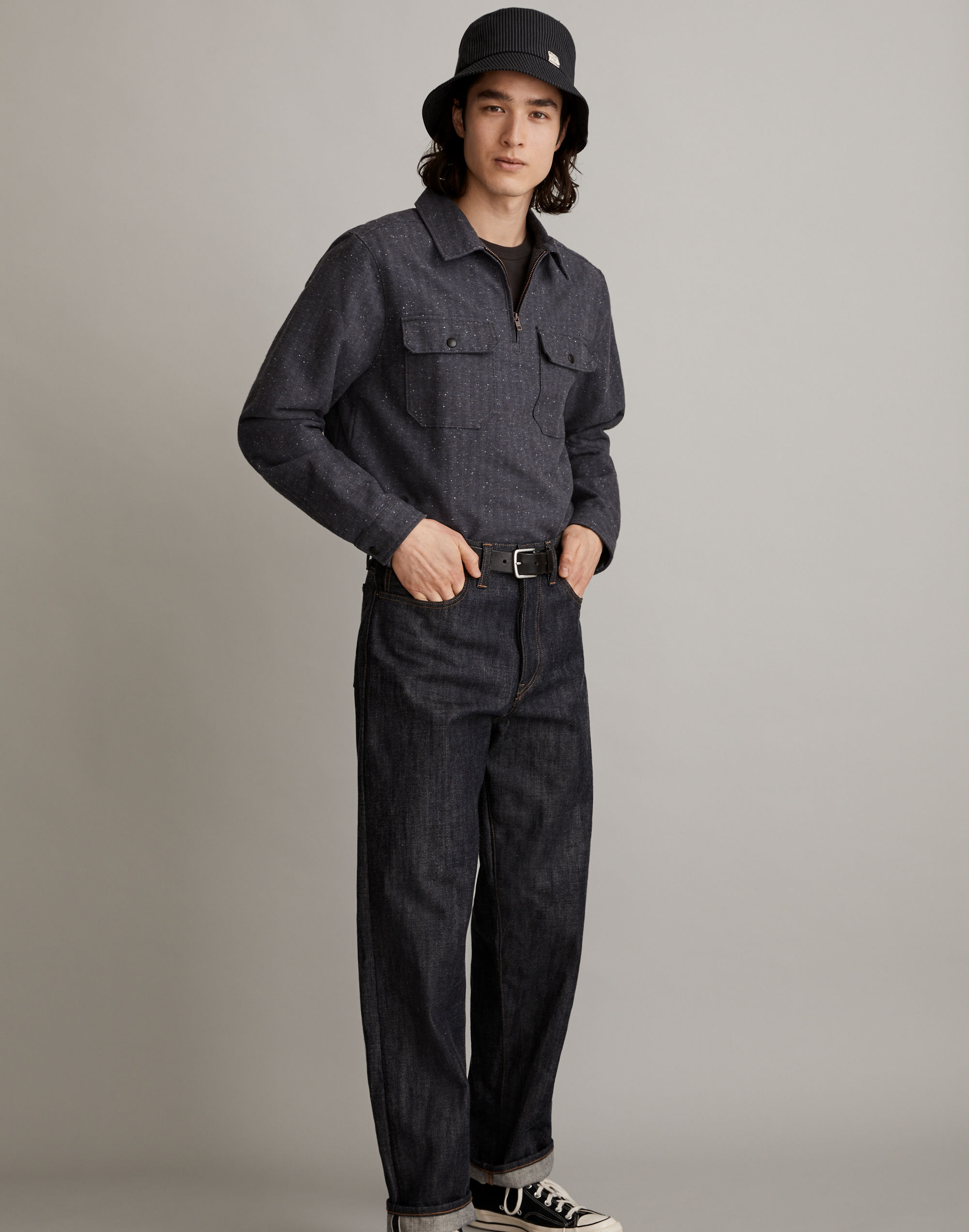 Quarter-Zip Popover Shirt in Herringbone Stripe