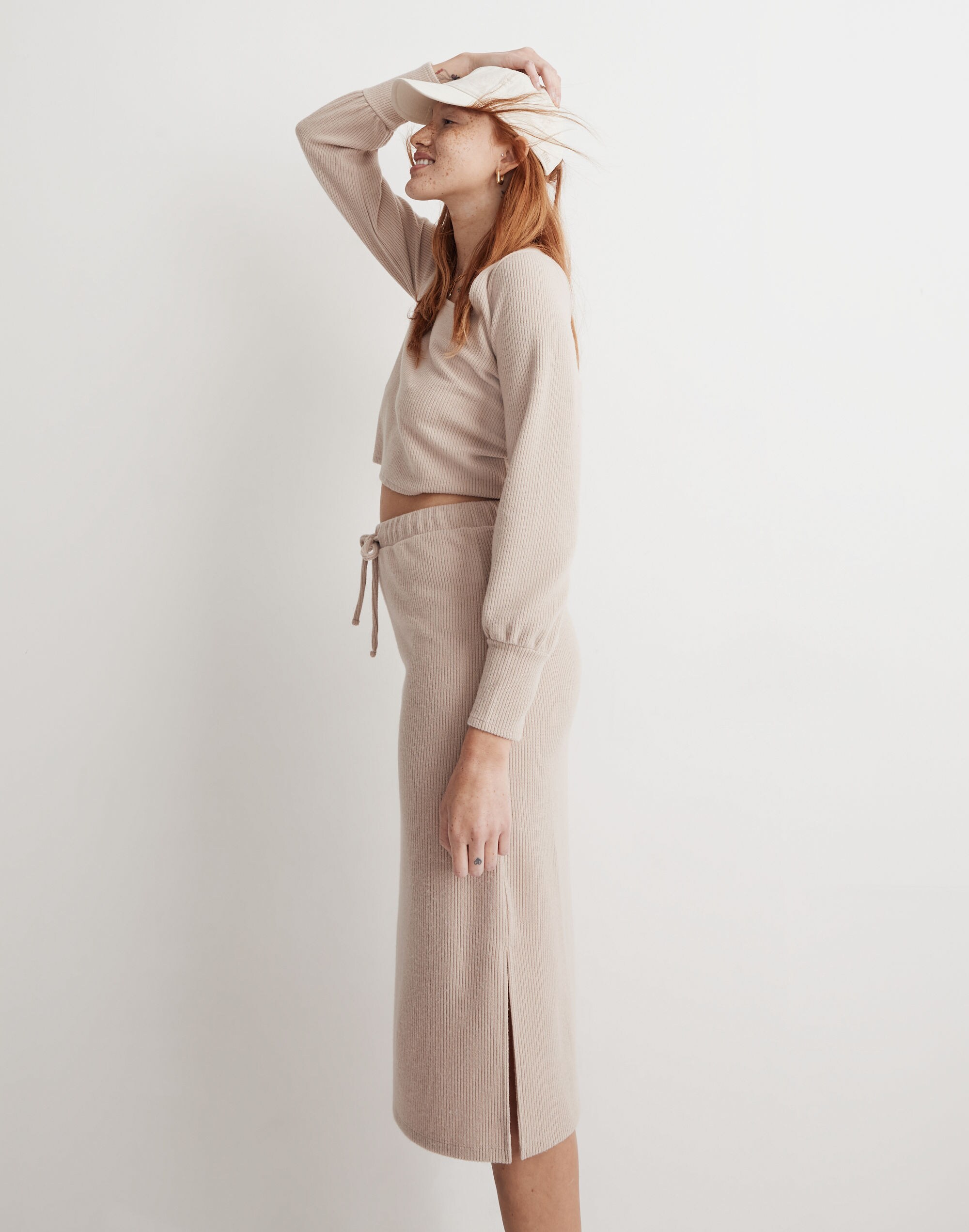 Ribbed Drawstring Midi Skirt