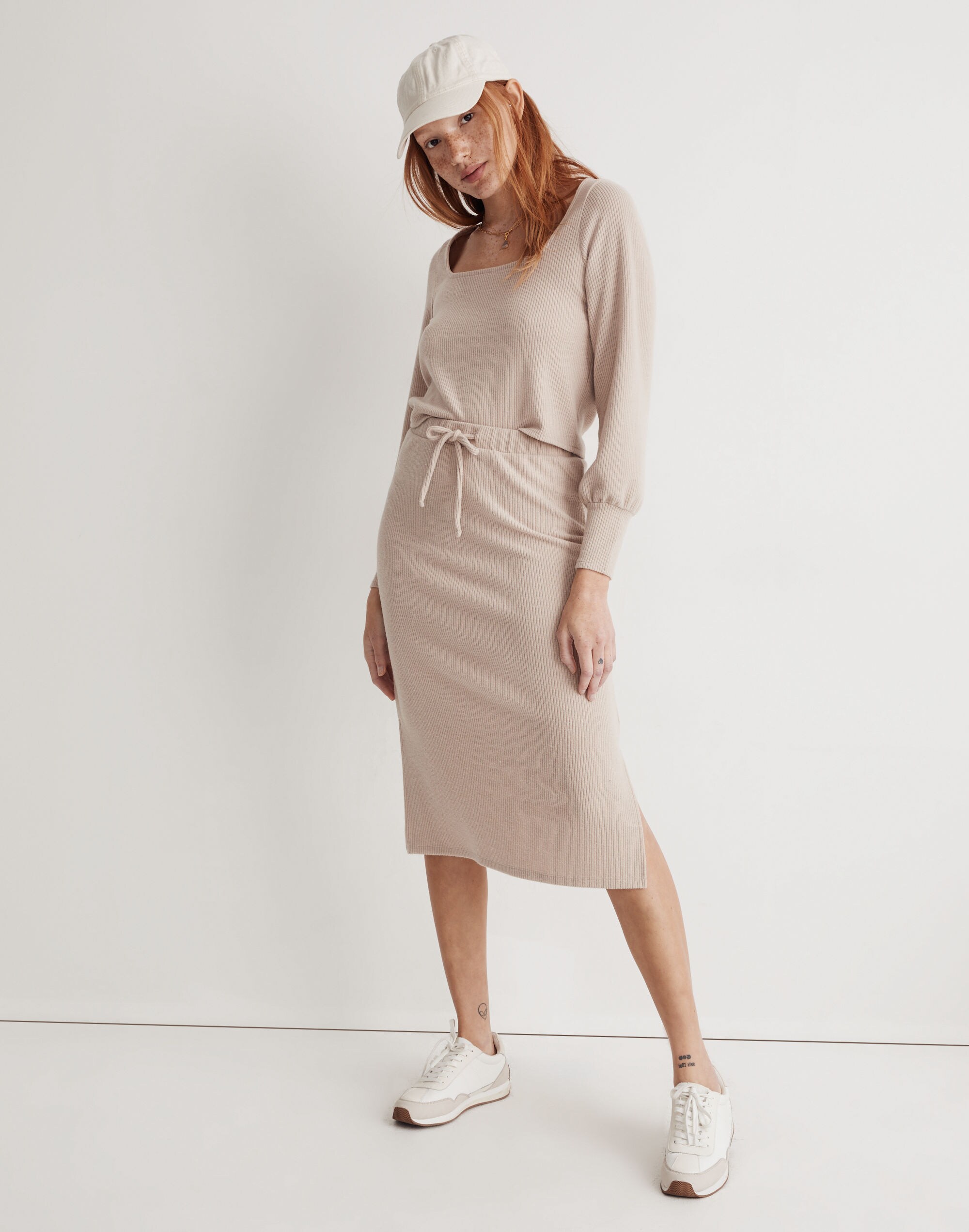 Ribbed Drawstring Midi Skirt