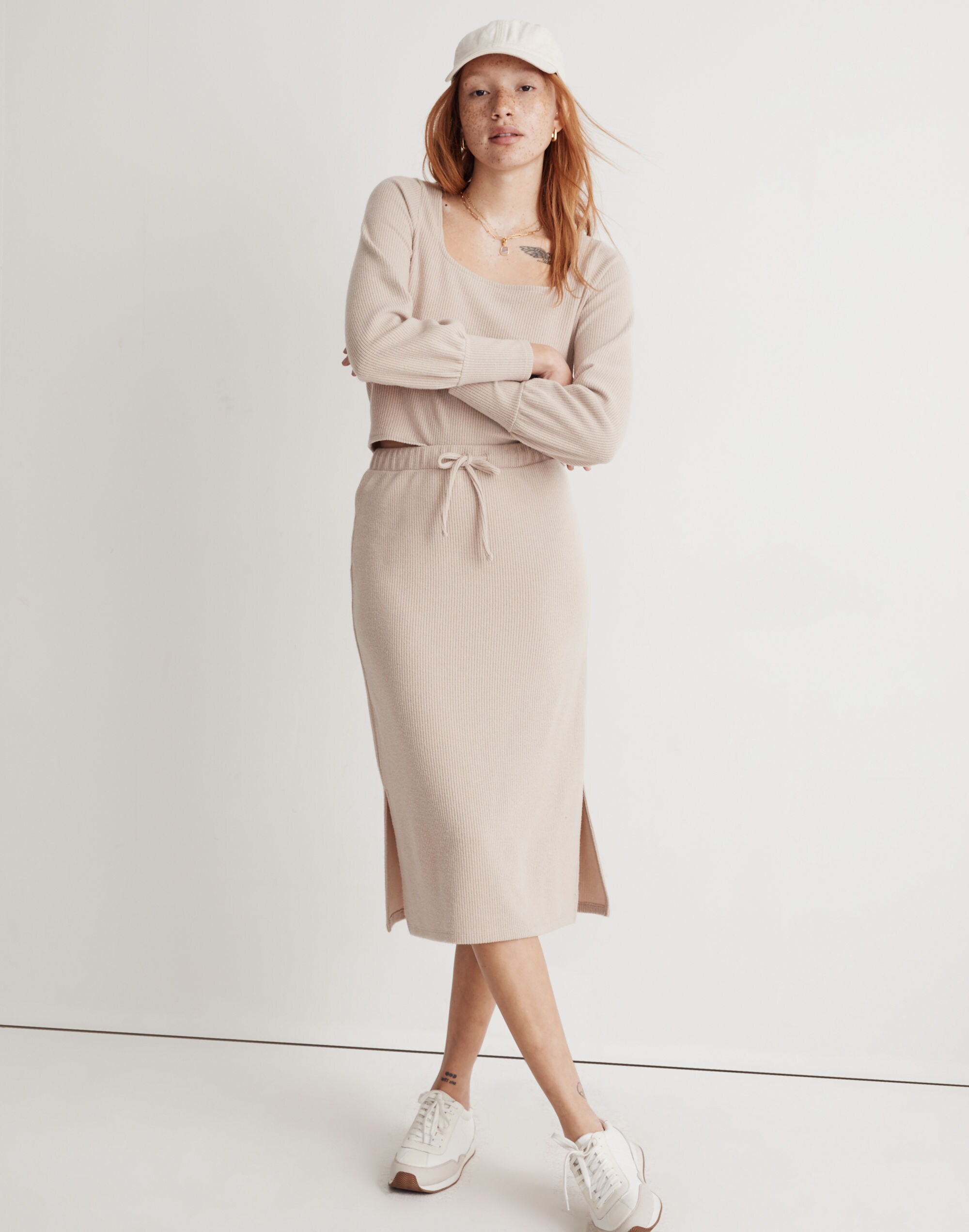 Ribbed Drawstring Midi Skirt