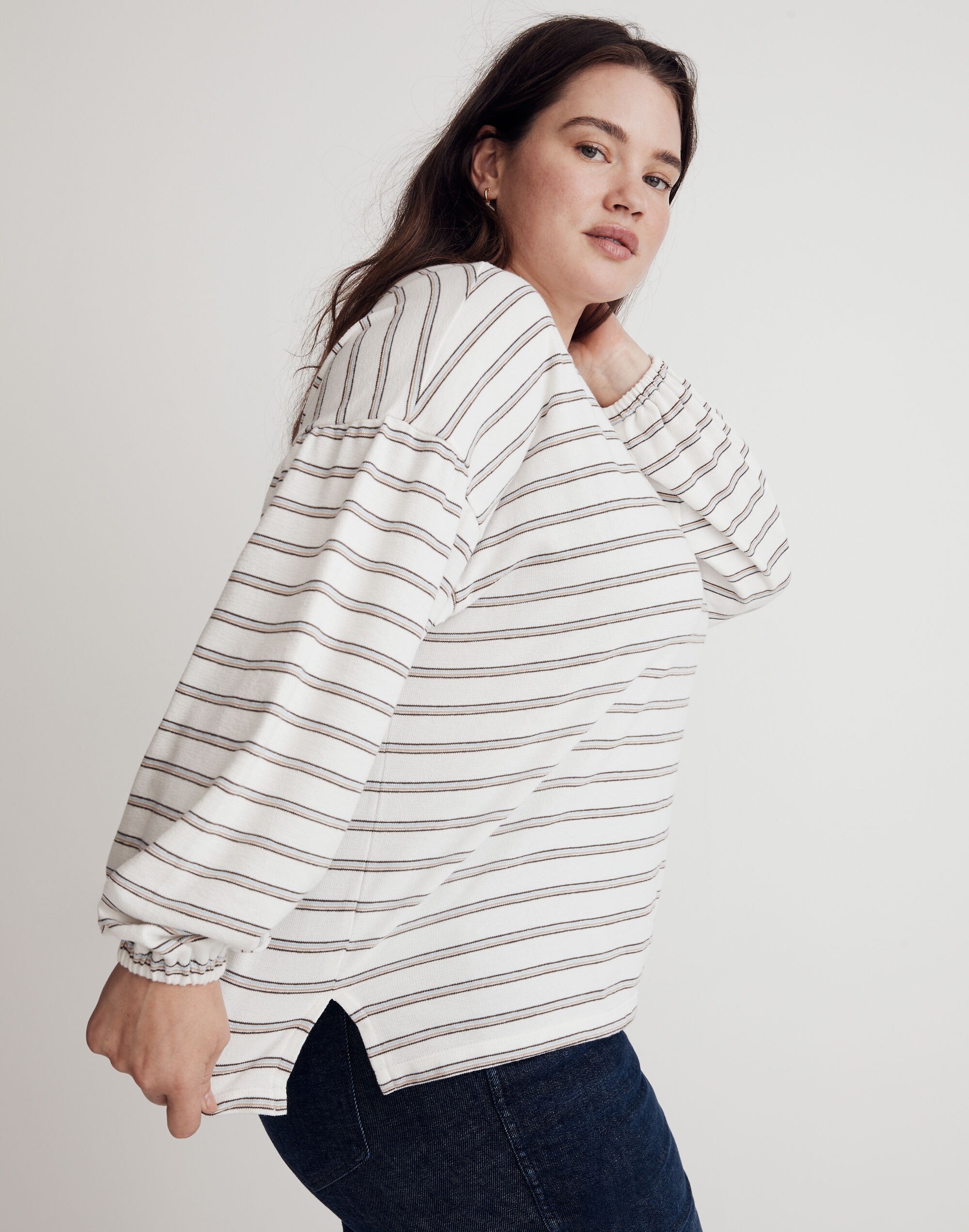 Plus Cotton-Blend Long-Sleeve Tee in Stripe