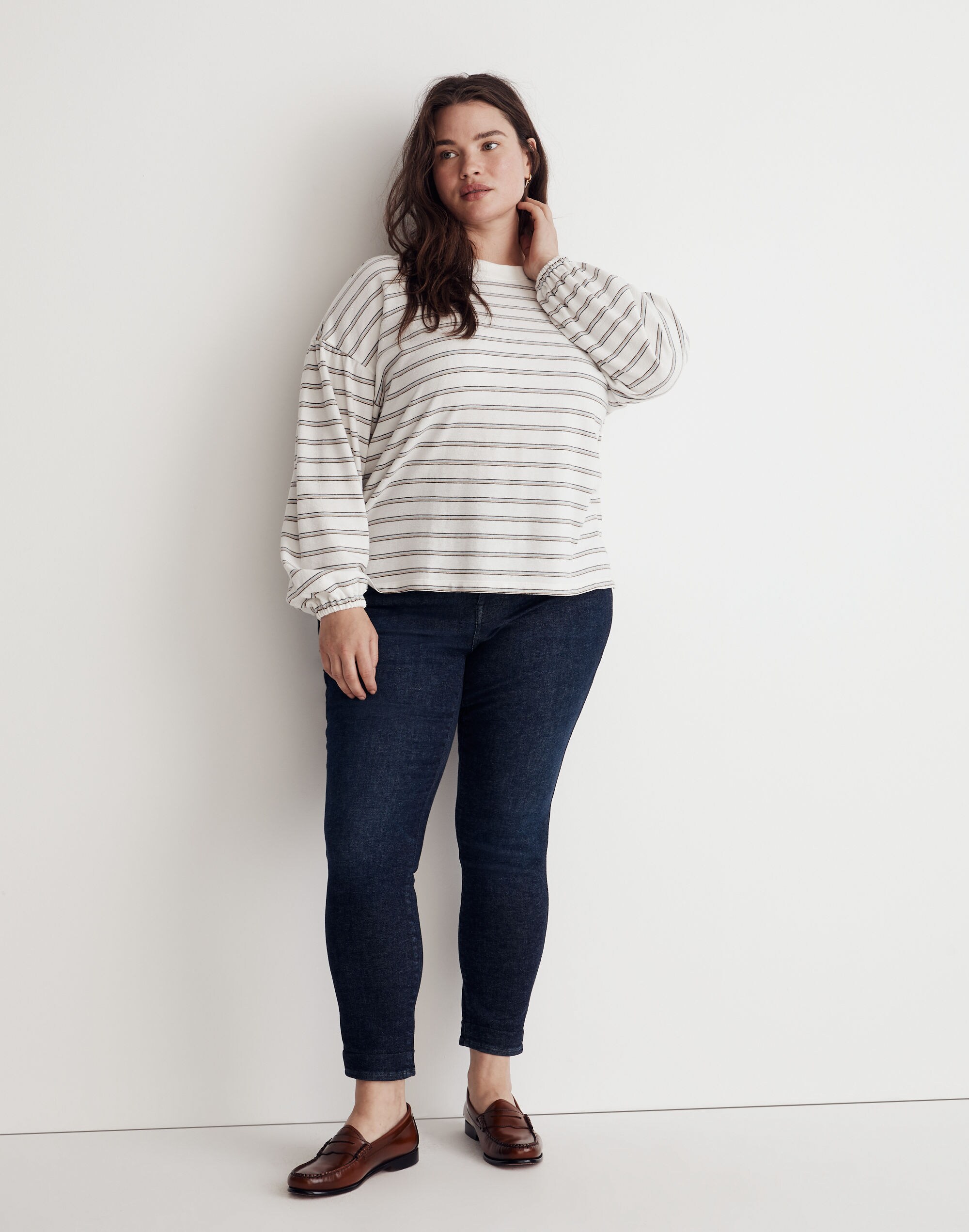 Plus Cotton-Blend Long-Sleeve Tee in Stripe