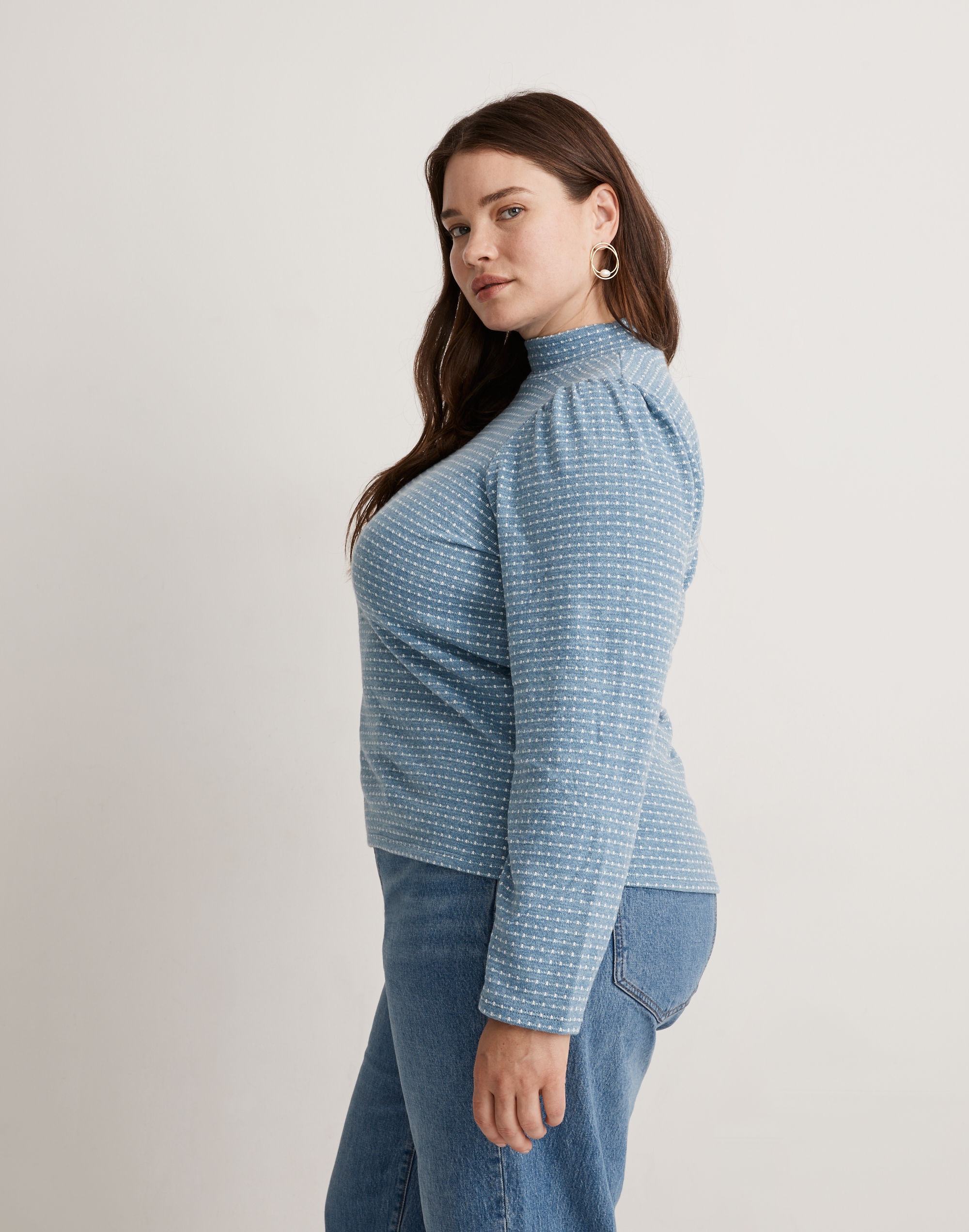 Plus Jacquard Puff-Sleeve Mockneck Top
