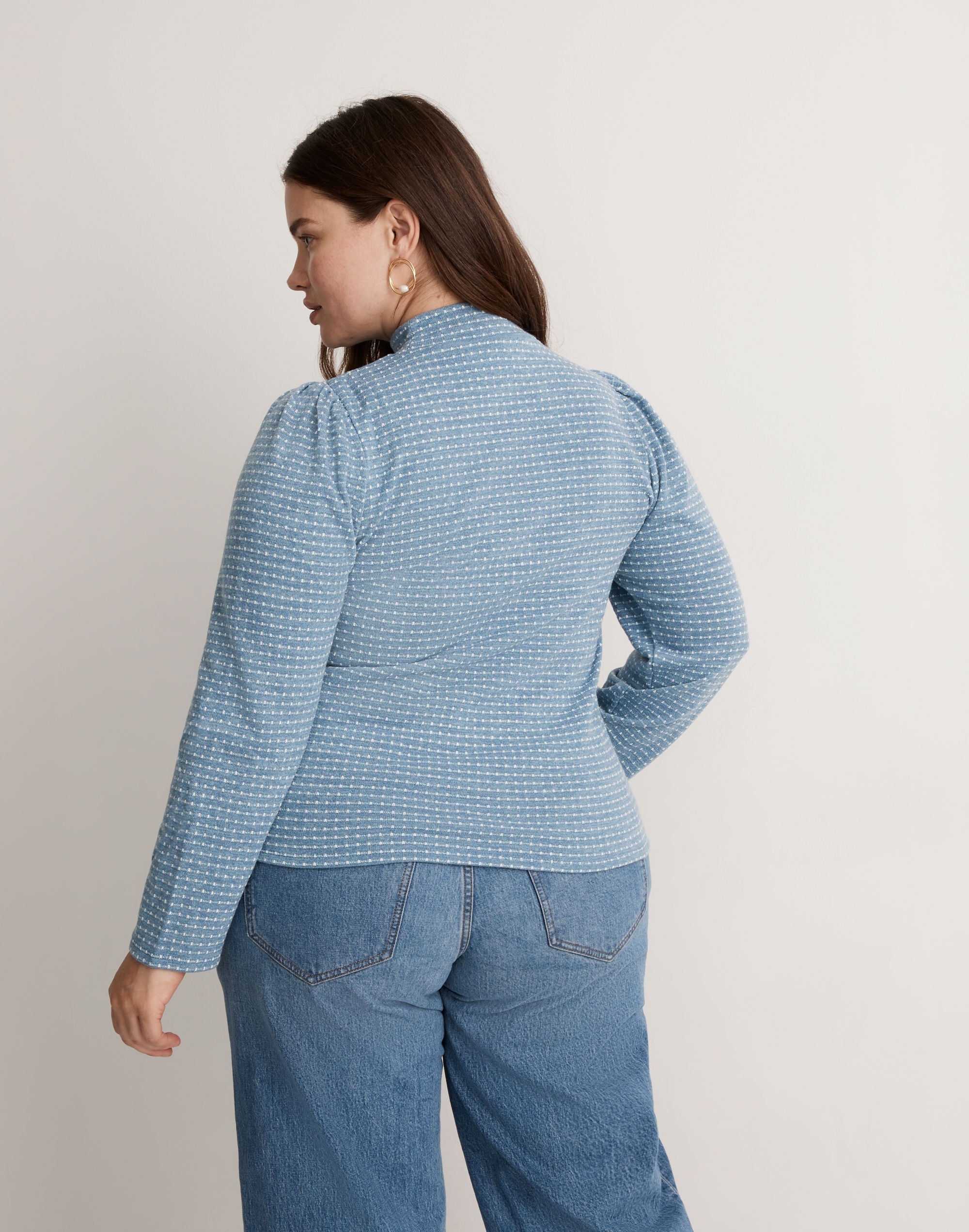 Plus Jacquard Puff-Sleeve Mockneck Top