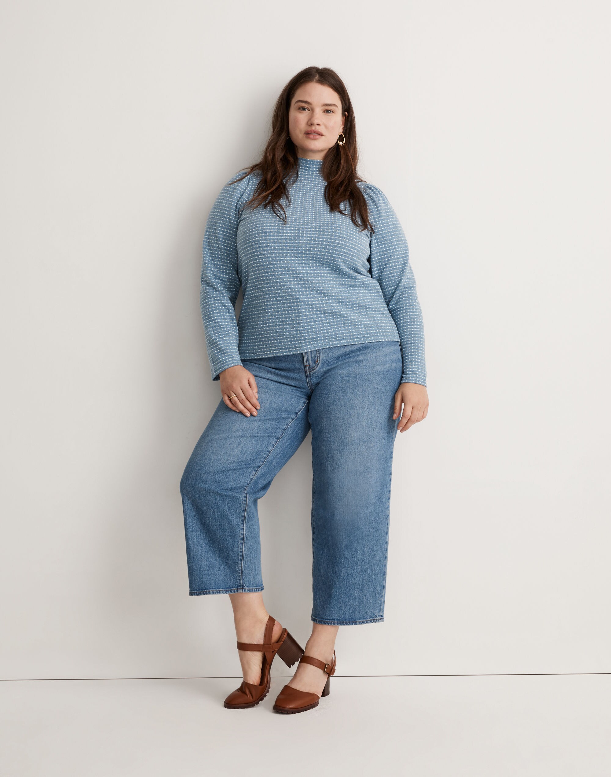 Plus Jacquard Puff-Sleeve Mockneck Top