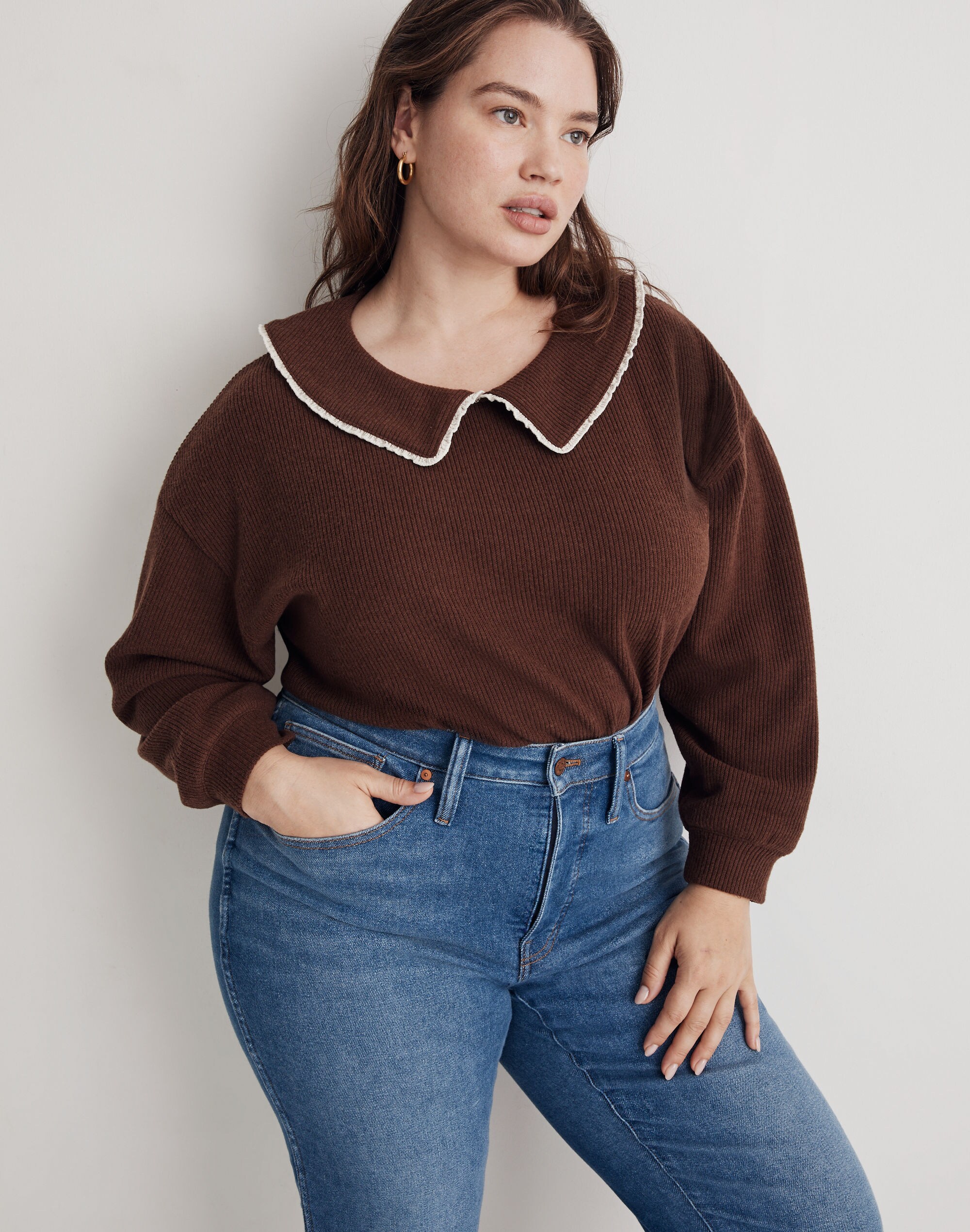 Plus Ruffle-Collared Long-Sleeve Top