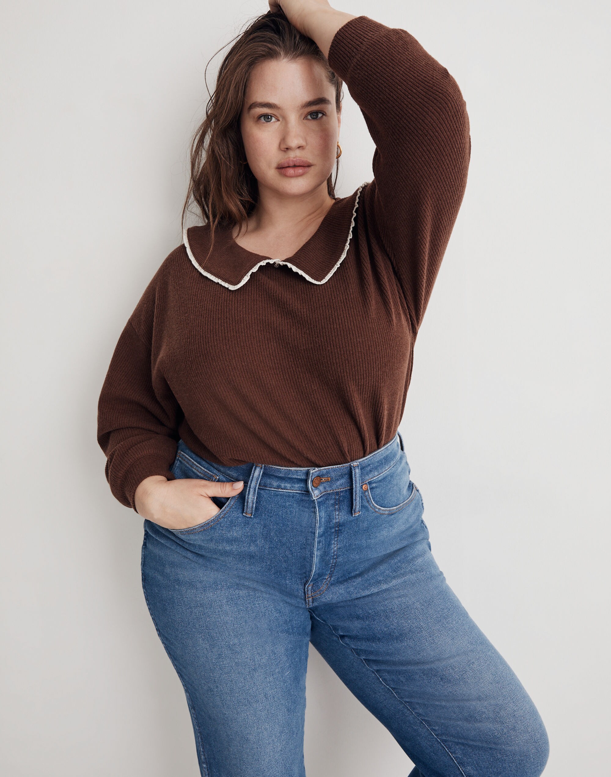 Plus Ruffle-Collared Long-Sleeve Top