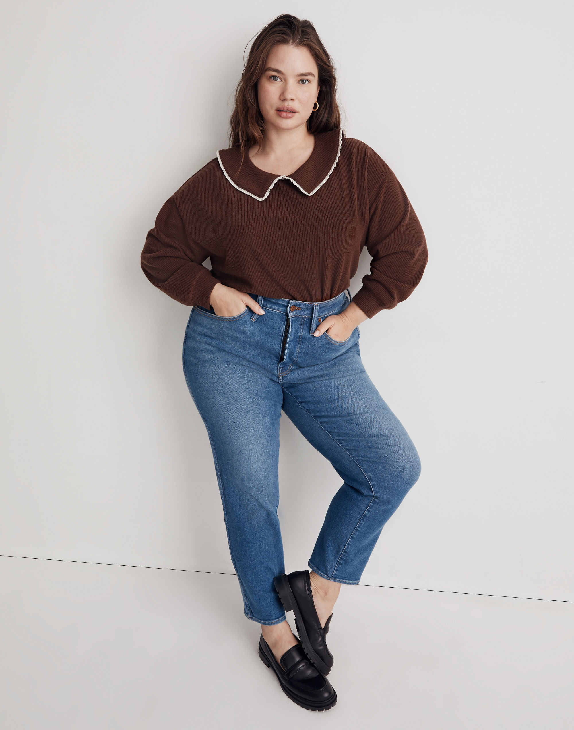plus ruffle-collared long-sleeve top