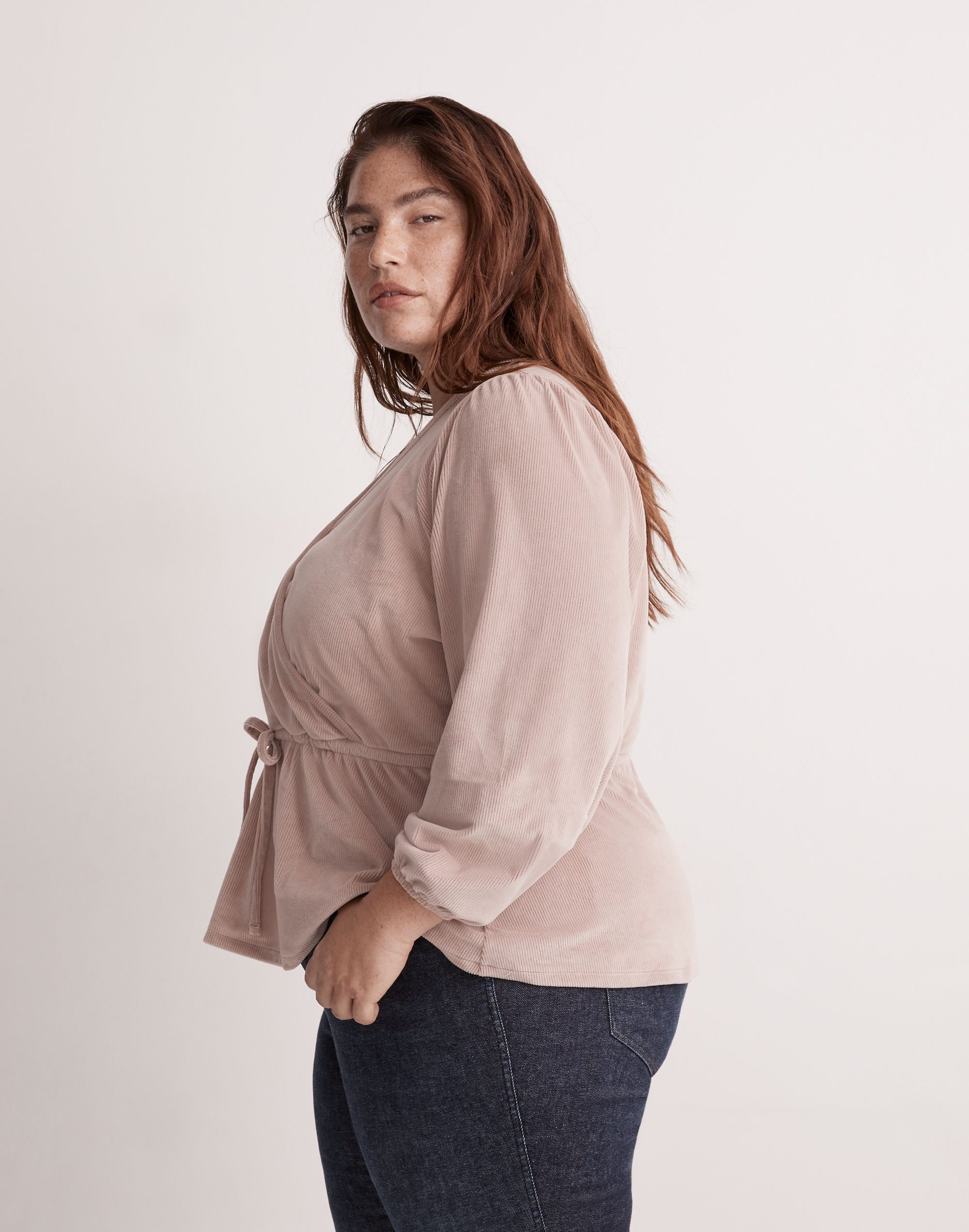 Plus Corduroy Tie-Front Faux-Wrap Top