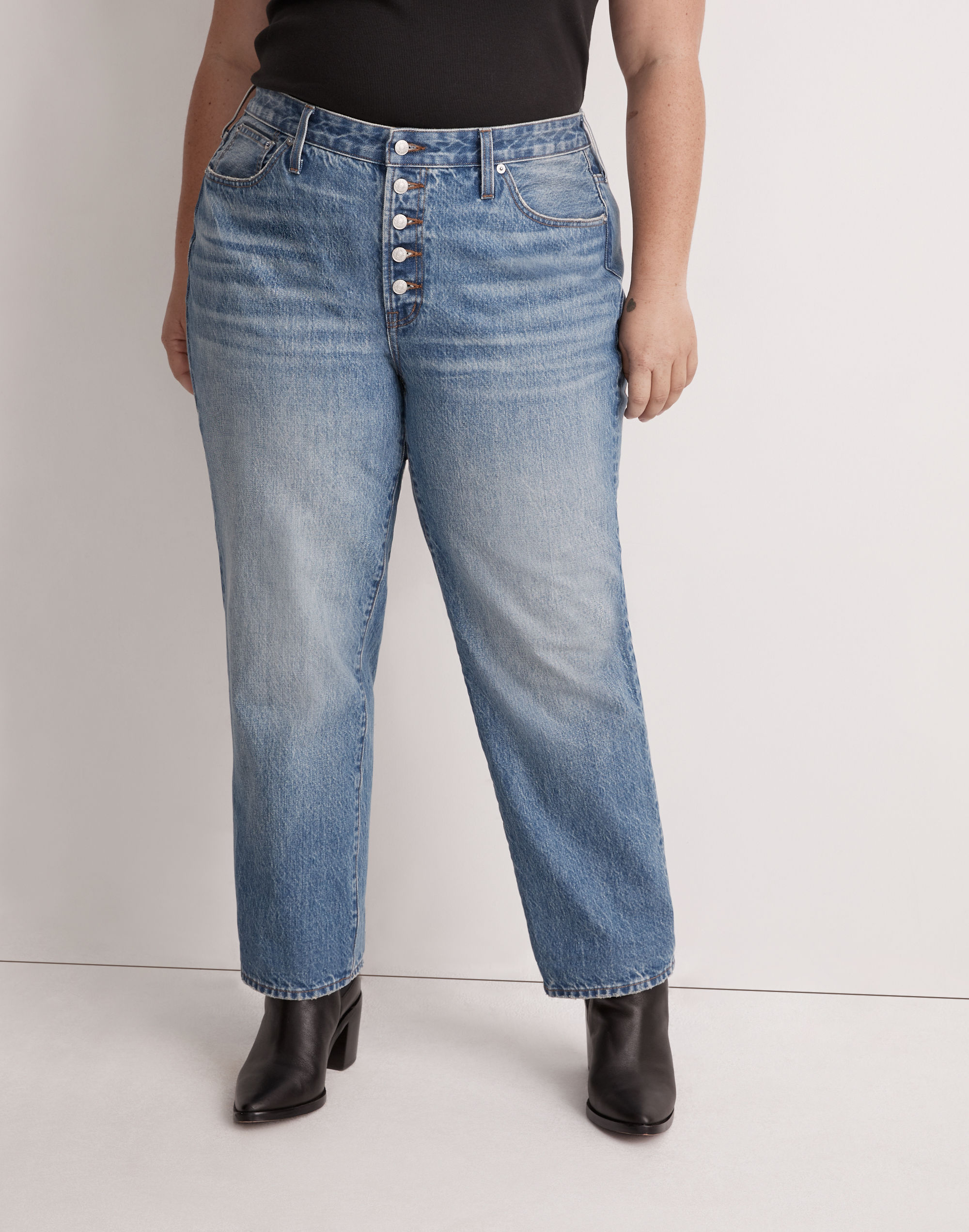 The Plus Perfect Vintage Straight Jean Becker Wash: Button-Front Edition