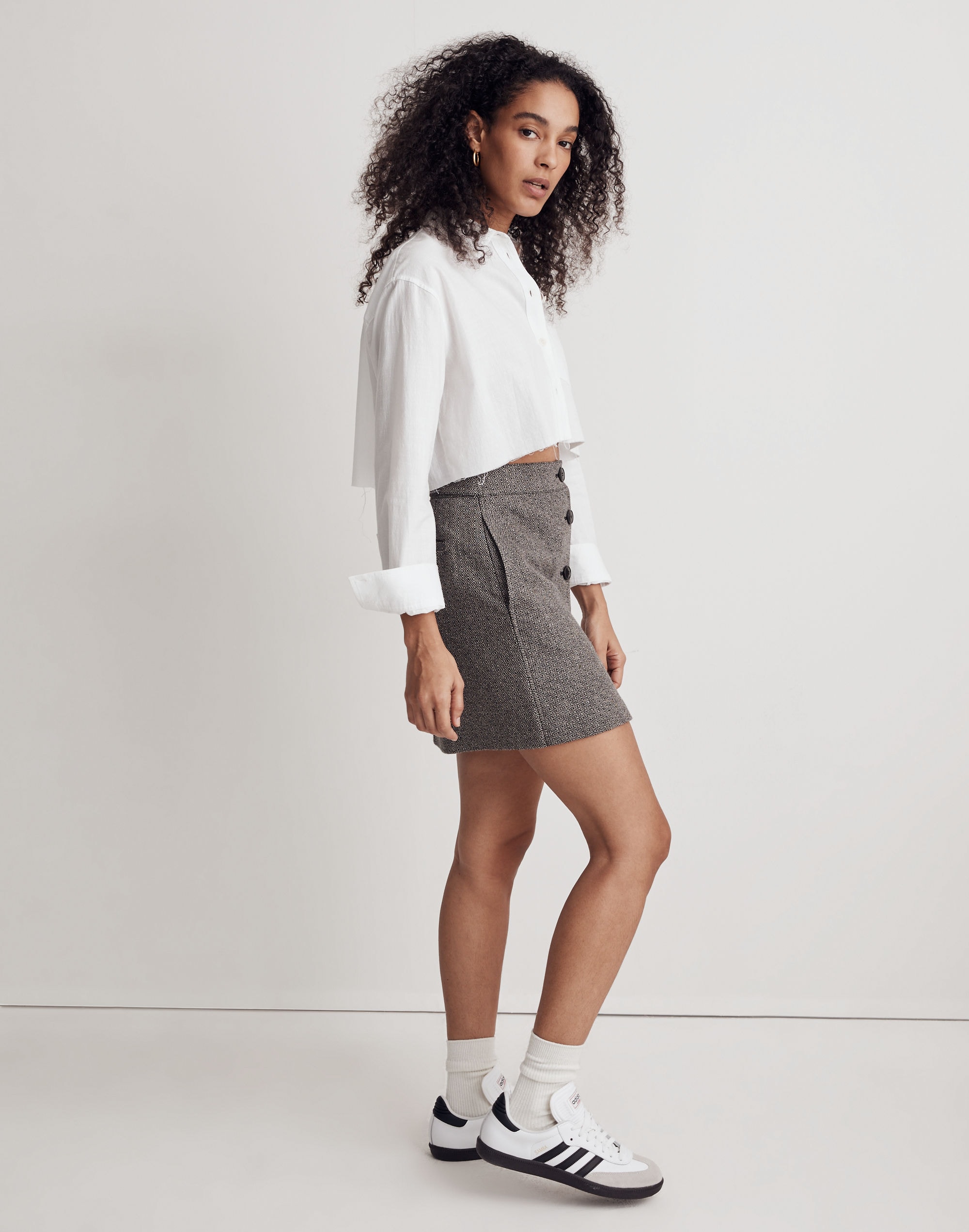 Button-Front Mini Skirt in Yarn-Dyed Geo