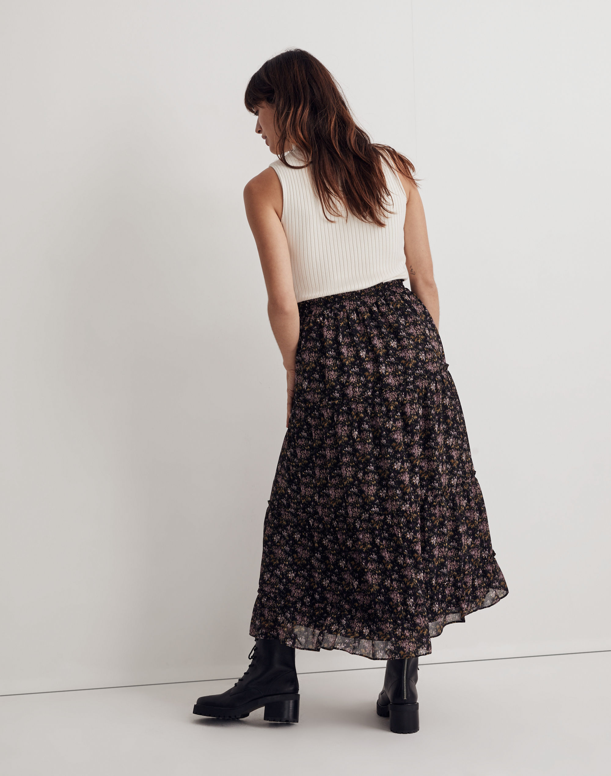 Crinkle Georgette Tiered Maxi Skirt in Blurred Blooms