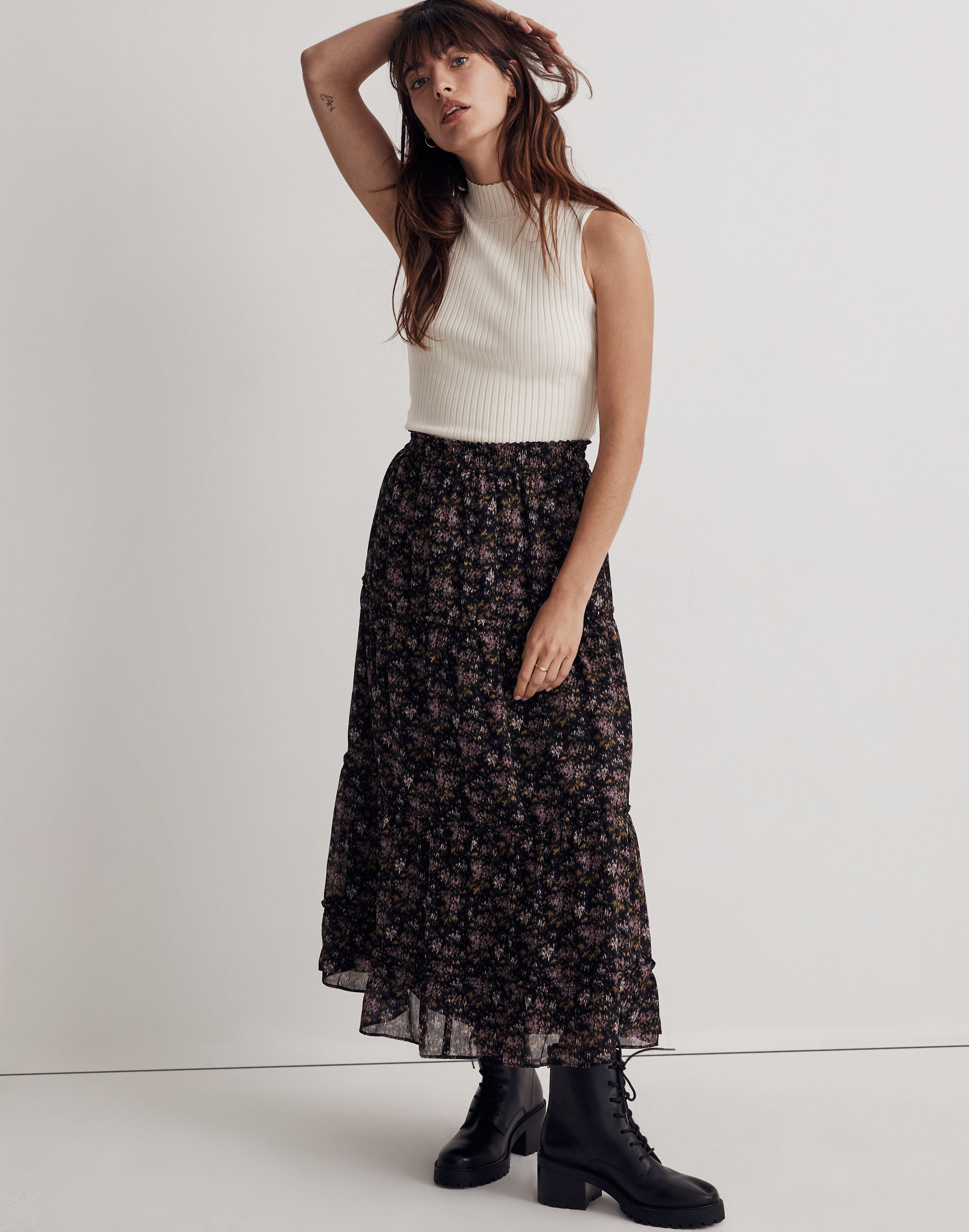 Crinkle Georgette Tiered Maxi Skirt in Blurred Blooms
