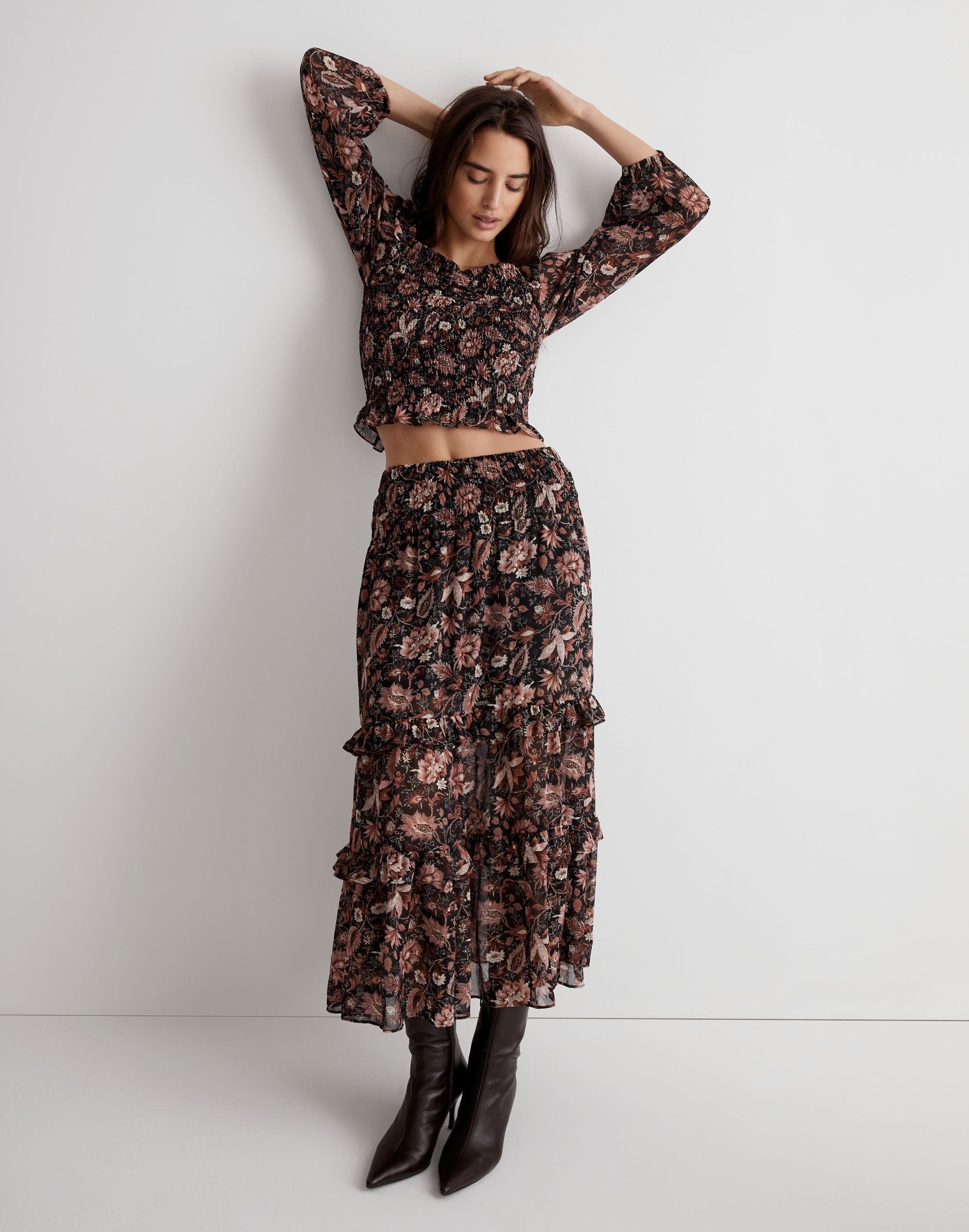 ruffle tiered midi skirt