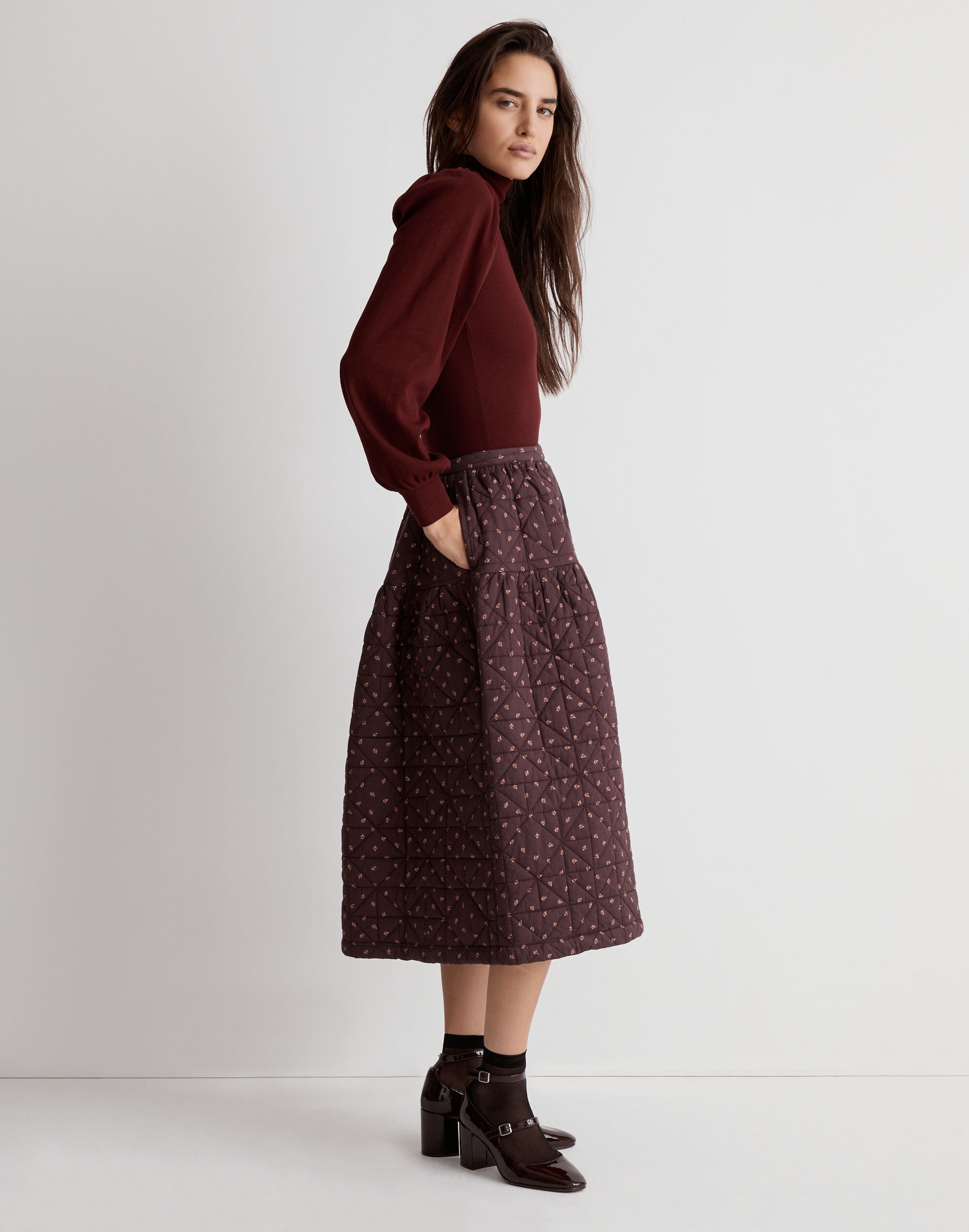 Quilted Crinkle Cotton Midi Skirt