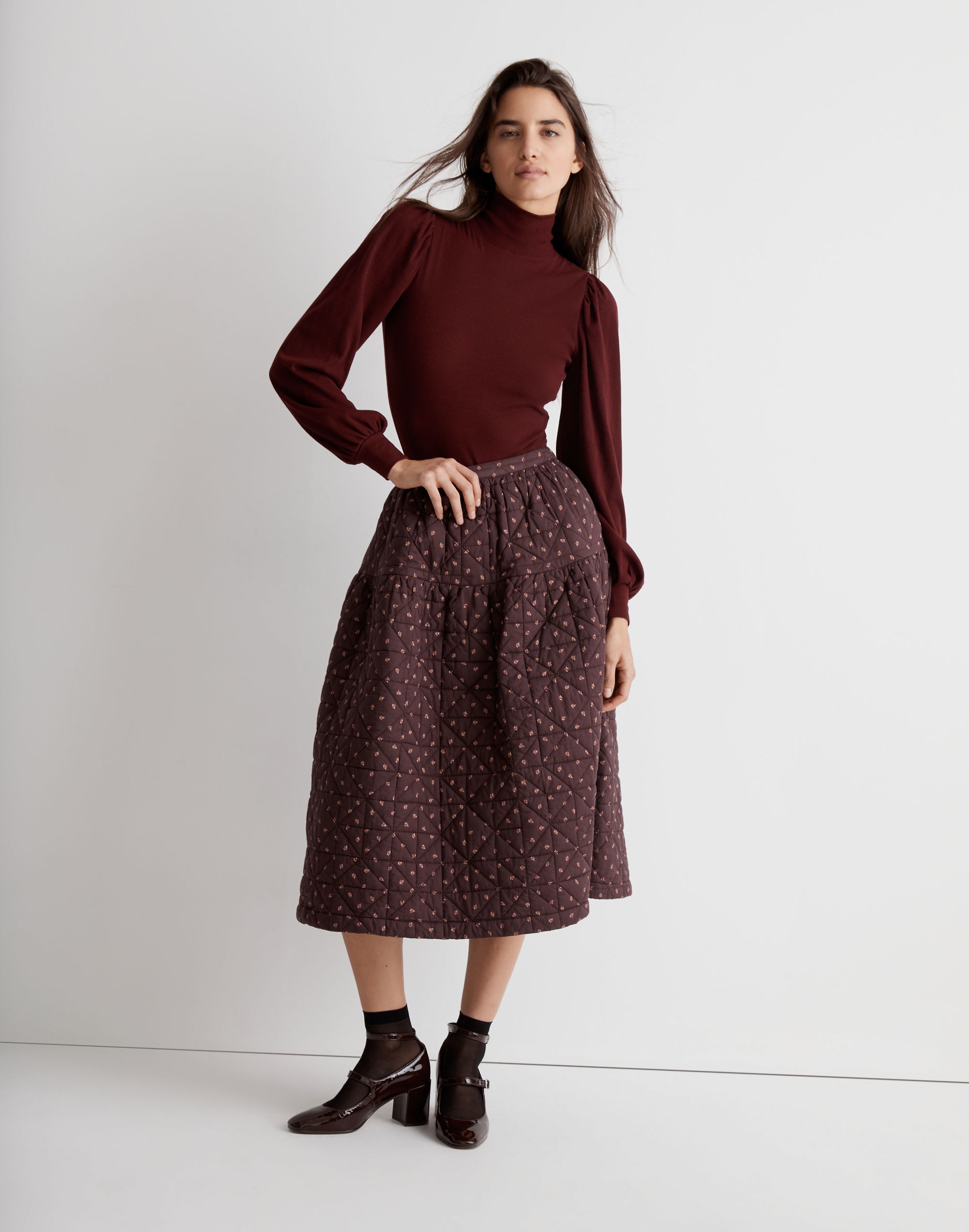 Quilted Crinkle Cotton Midi Skirt