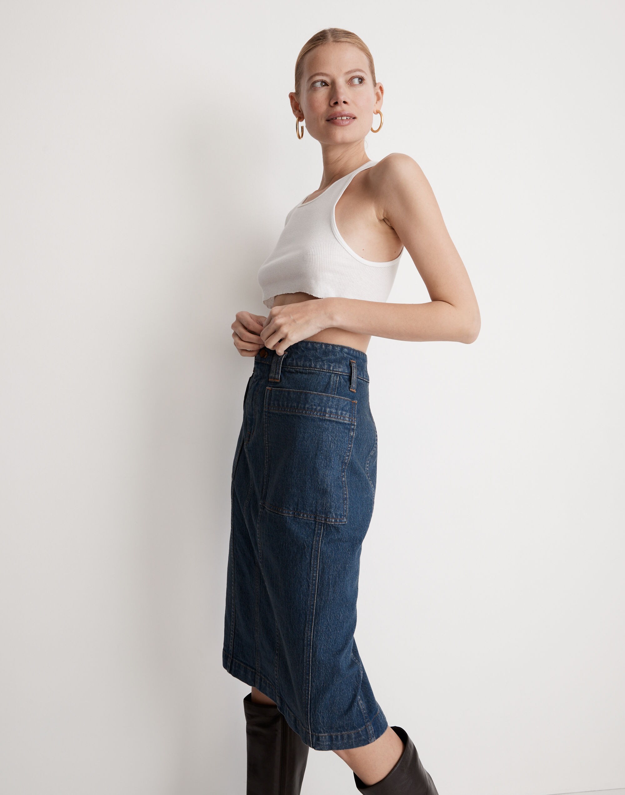 Superhigh-Waist Midi Skirt in Blue Black Wash