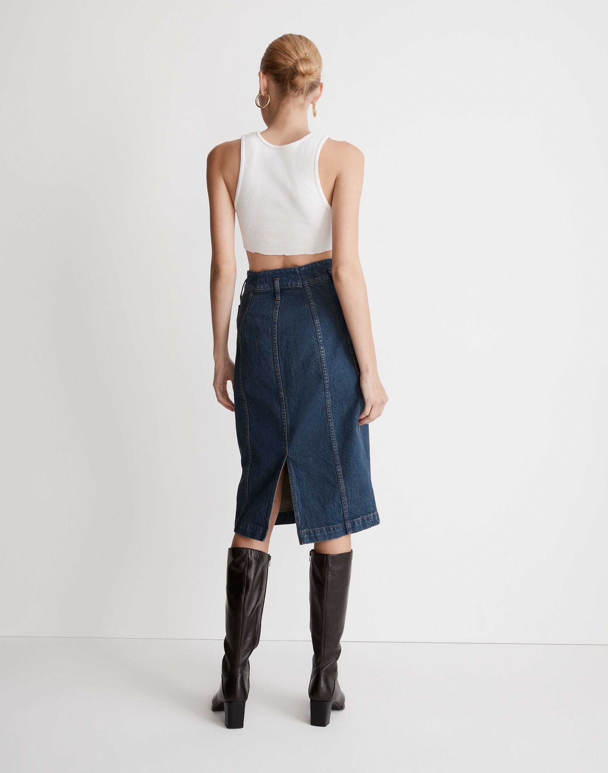 Superhigh-Waist Midi Skirt in Blue Black Wash