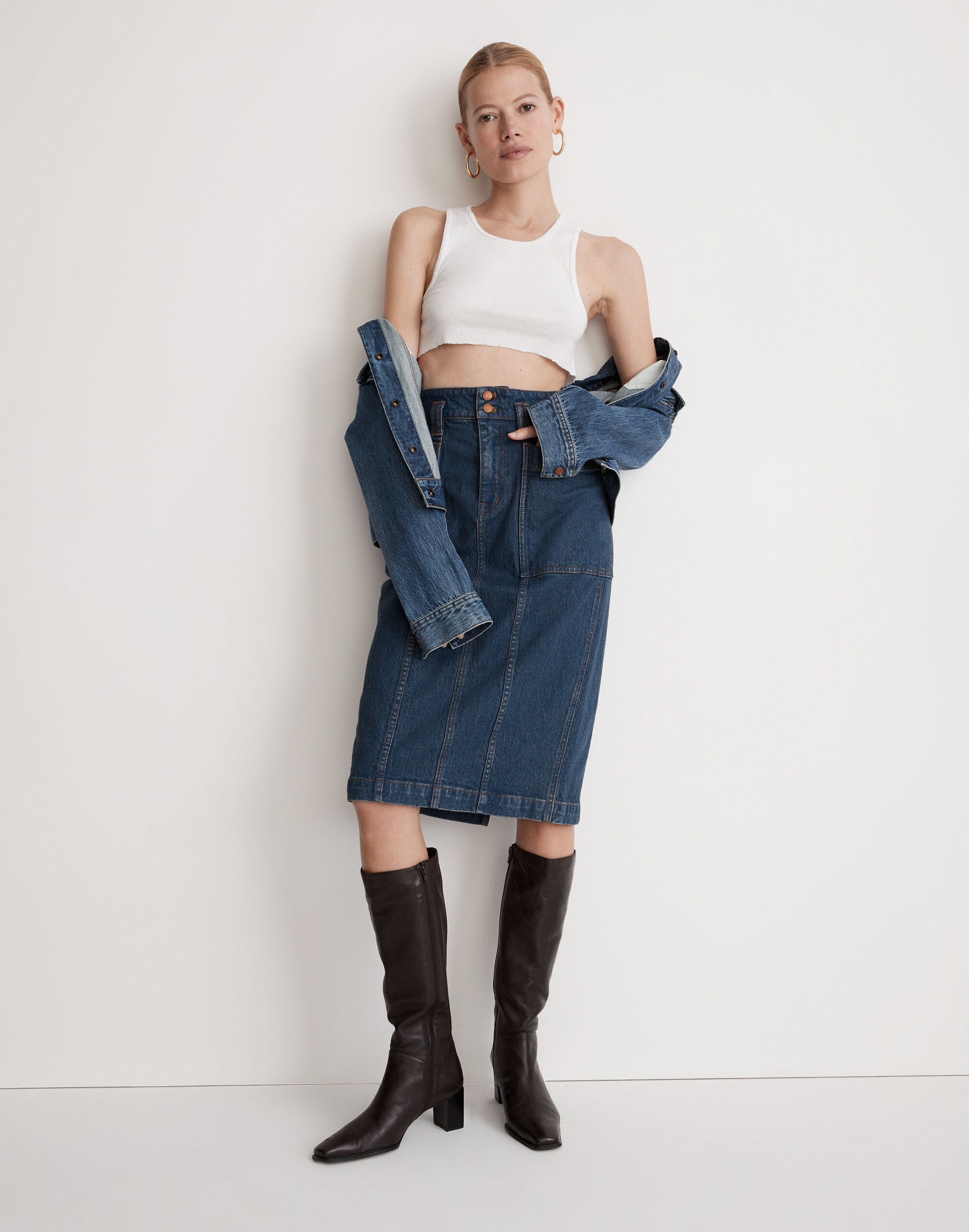 Superhigh-Waist Midi Skirt in Blue Black Wash