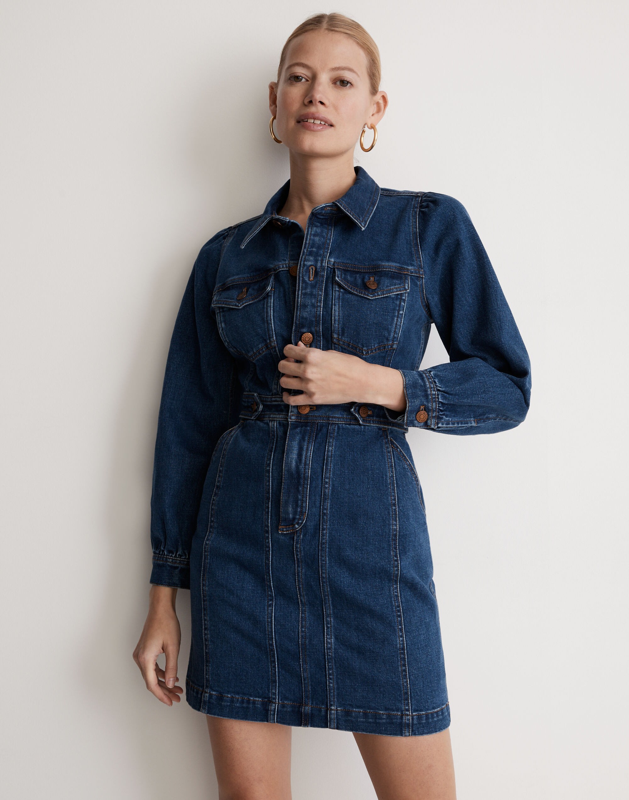 Denim Seamed Long-Sleeve Mini Dress