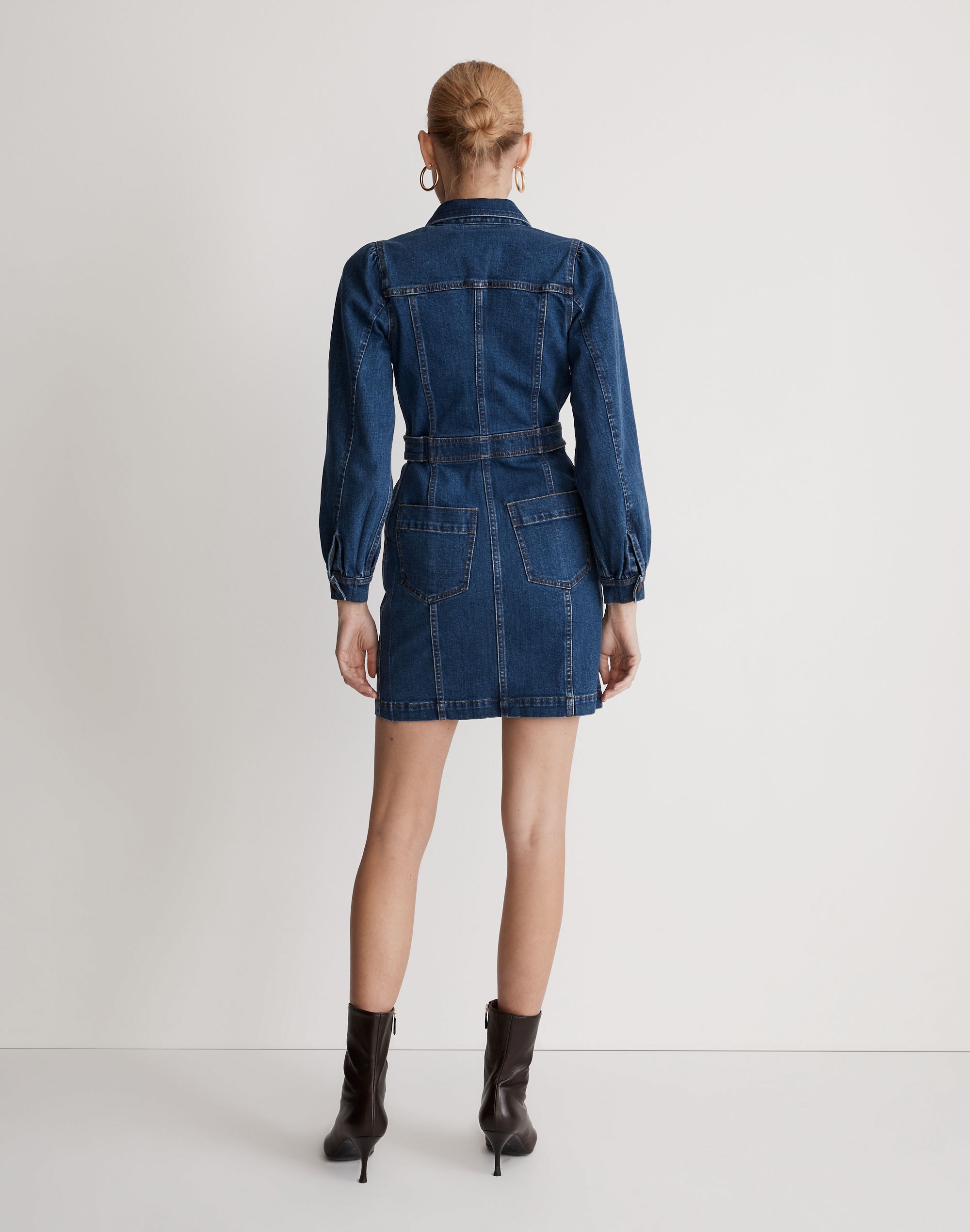 Denim Seamed Long-Sleeve Mini Dress