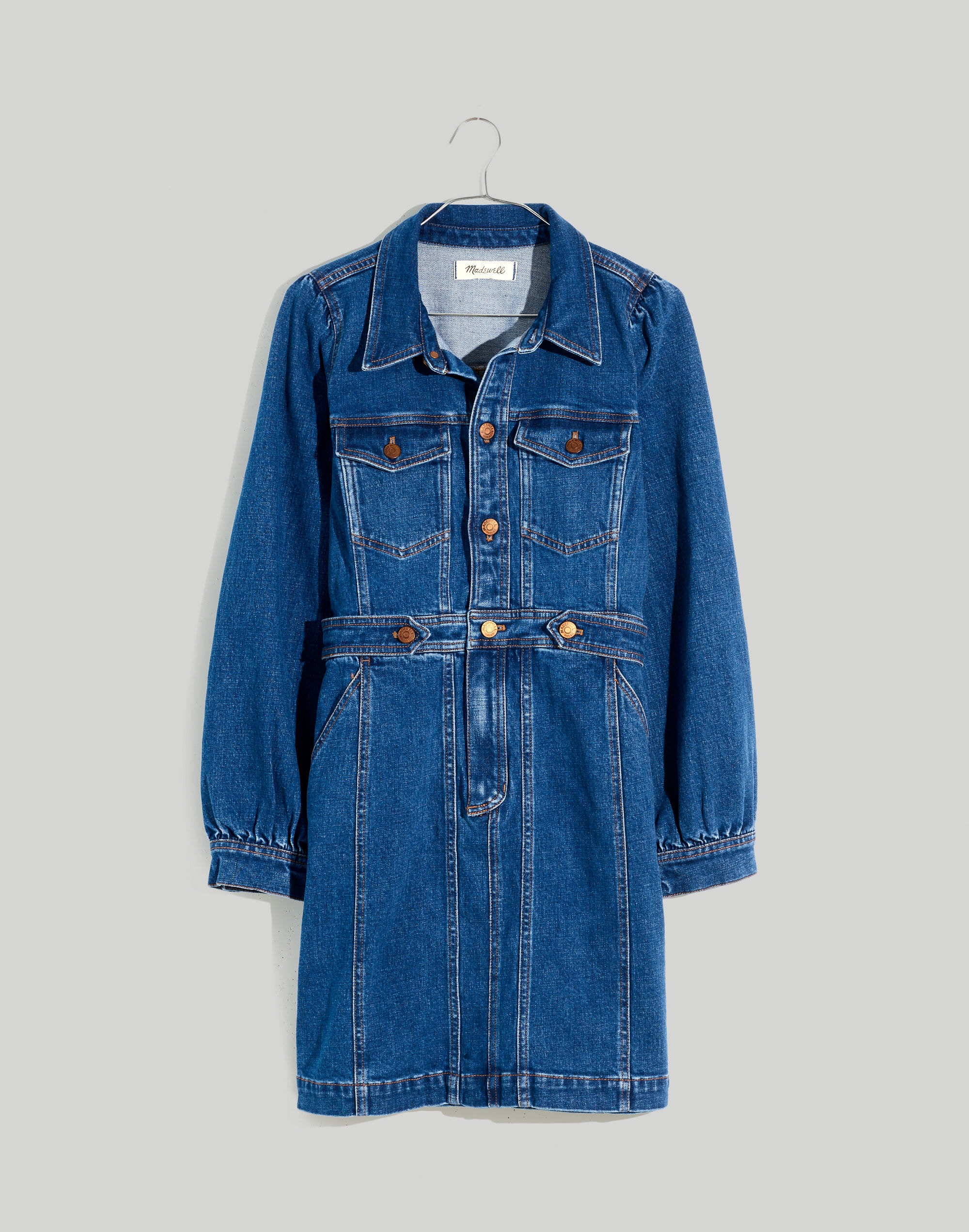 Denim Seamed Long-Sleeve Mini Dress