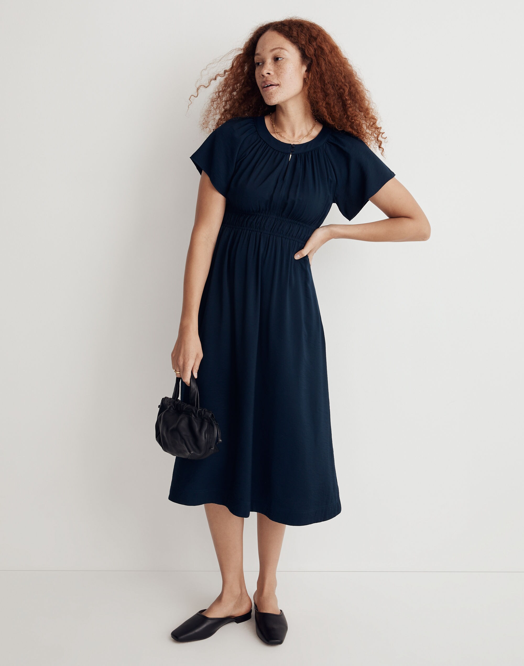Sophia Split-Neck Short-Sleeve Midi Dress