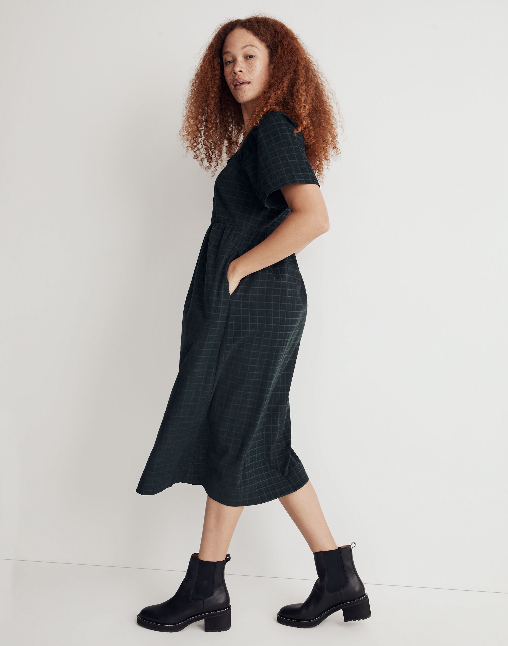 Petite Corduroy Square-Neck Midi Dress in Windowpane